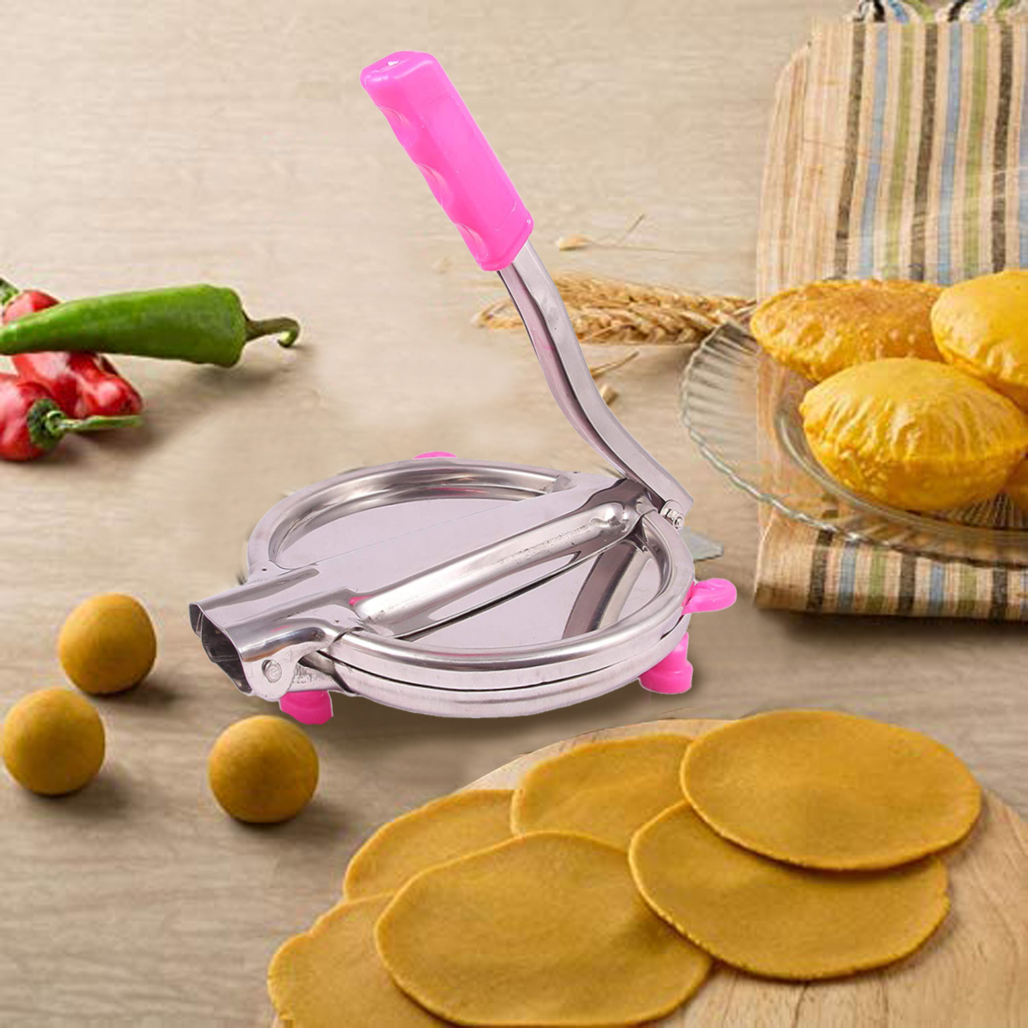 Kuber Industries Heavy Quality Stainless Steel Puri Maker Press Machine with Handle, Manual Stainless Steel Roti Press, Papad/Khakhra/Chapati Maker (Silver)