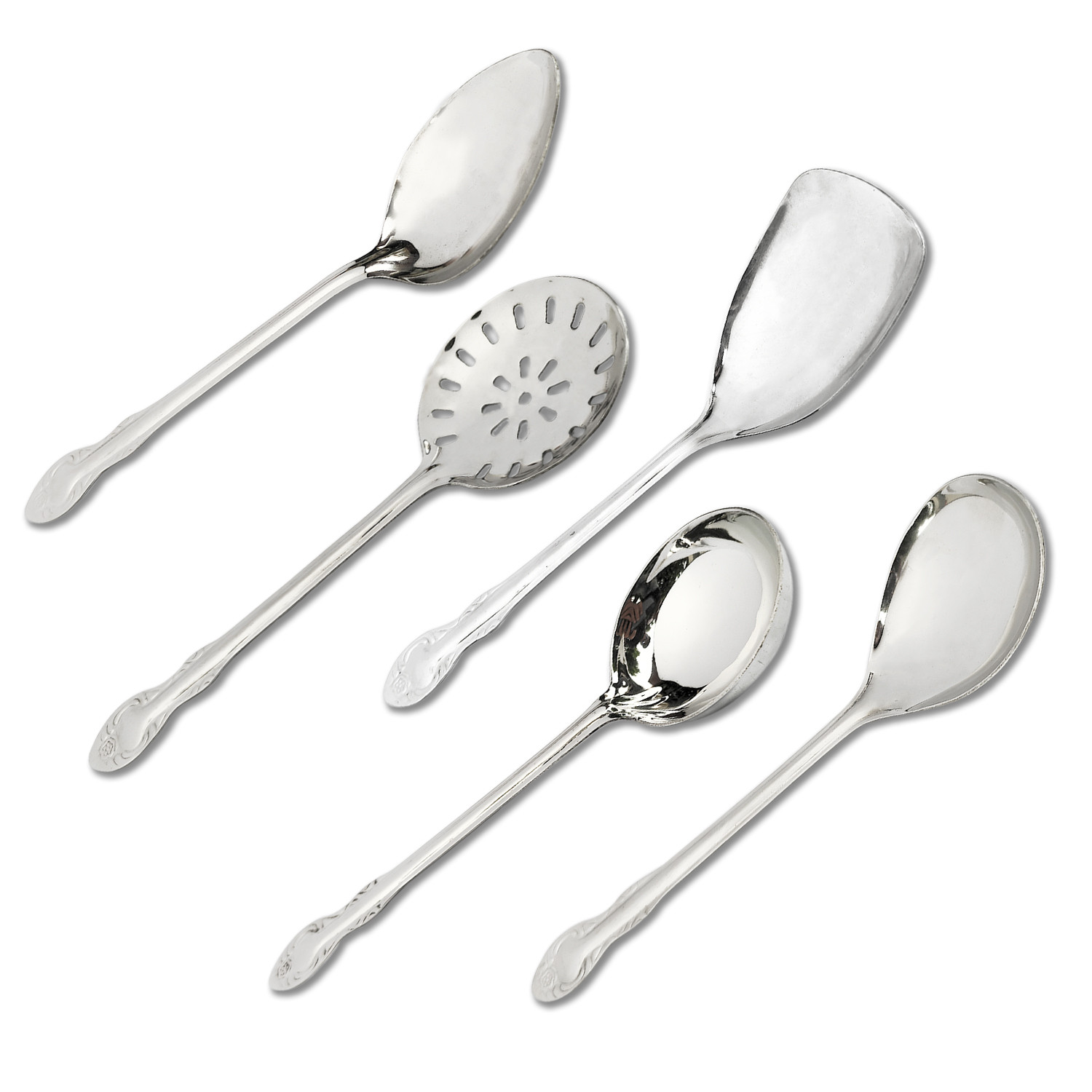 Kuber Industries Heavy Stainless Steel Skimmer|Serving Spoon|Wok Spatula|Solid Spoon|Ladle For Cooking, Frying, Stirring, Basting, Set of 5 (Silver)
