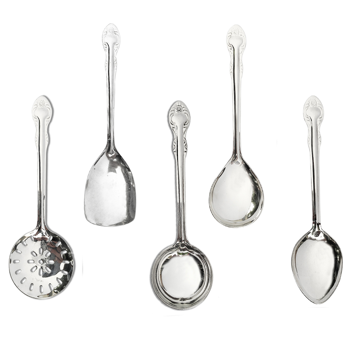 Kuber Industries Heavy Stainless Steel Skimmer|Serving Spoon|Wok Spatula|Solid Spoon|Ladle For Cooking, Frying, Stirring, Basting, Set of 5 (Silver)