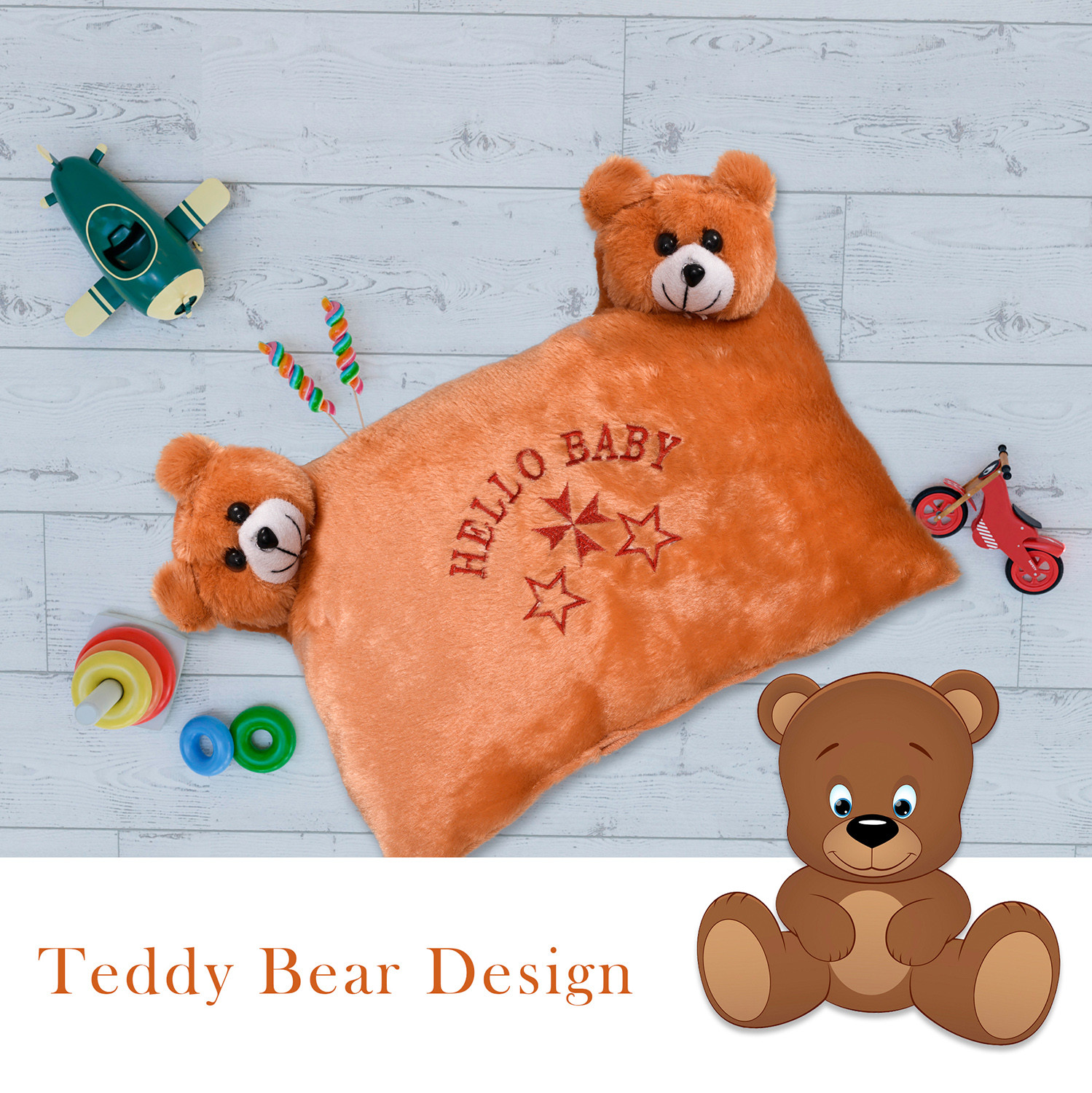 Kuber Industries Hello Teddy Design Baby Pillow|Velvet Super soft Kids Pillow For Sleeping & Travel,12 x 18 Inch,(Orange)