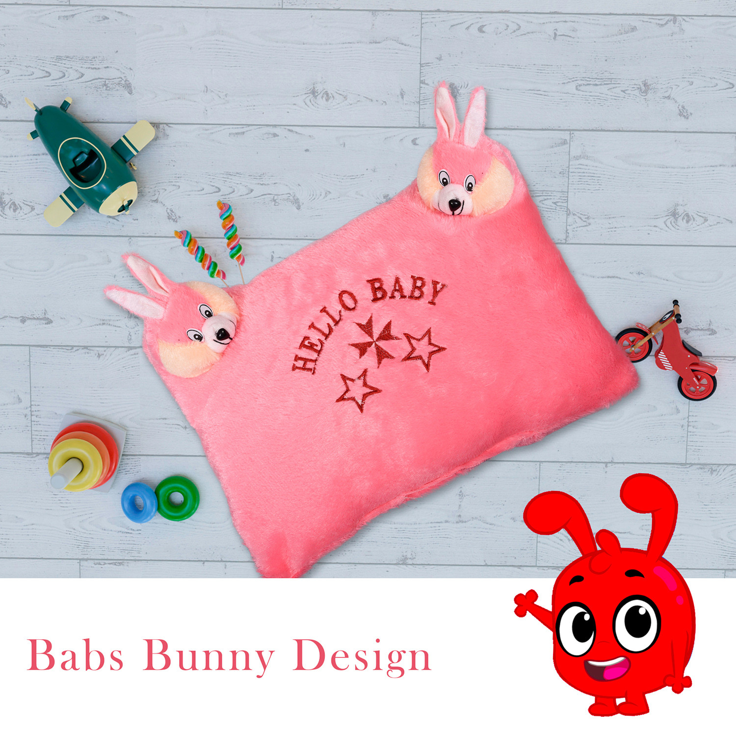 Kuber Industries Hello Teddy Design Baby Pillow|Velvet Super soft Kids Pillow For Sleeping & Travel,12 x 18 Inch,(Pink)