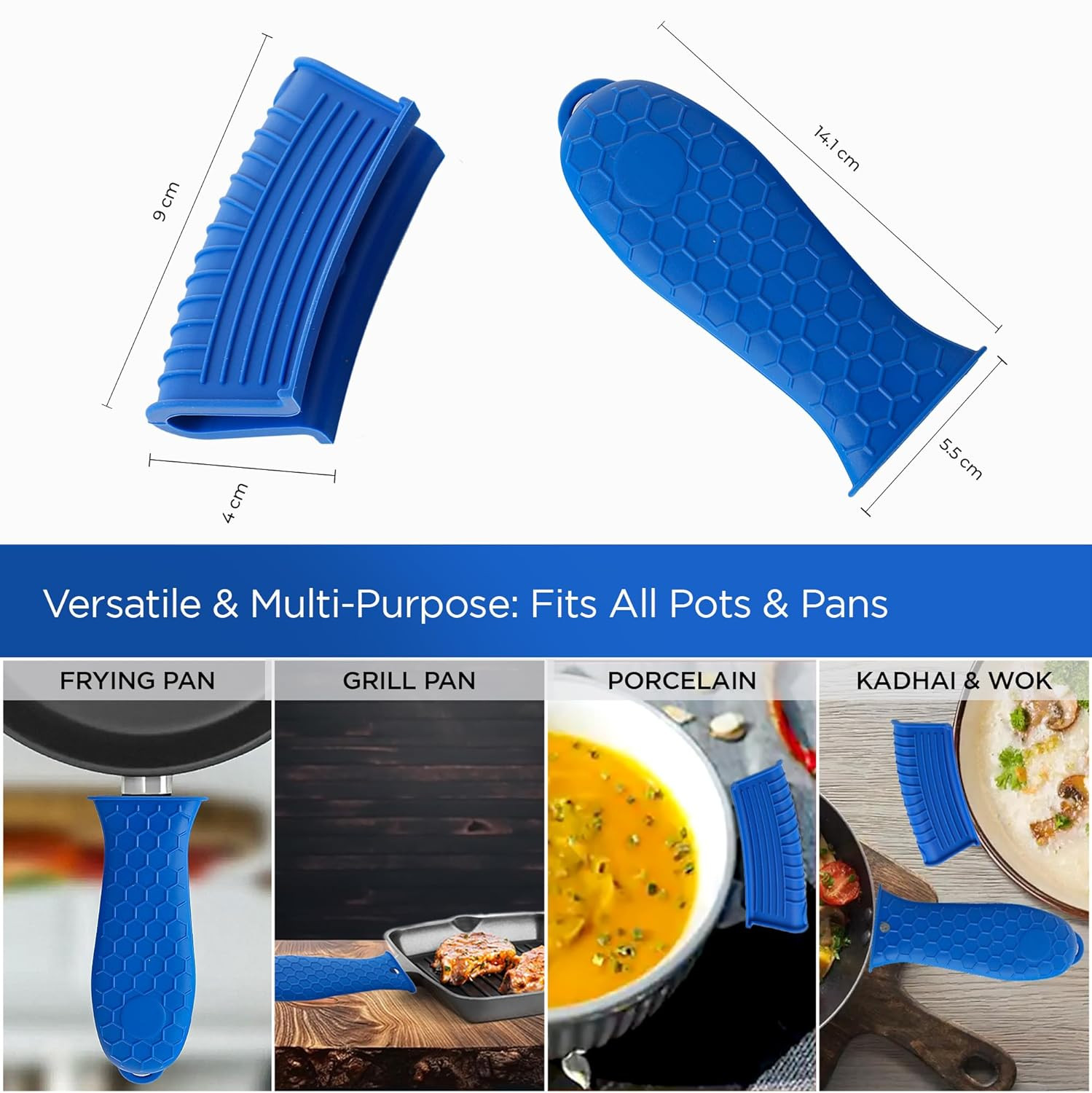 Kuber Industries Hot Handle Holder | Silicone Hot Handle Holder | Heat Resistant Handle | Non Slip Pot Holders | Iron Handle Covers | 2 Assists and 2 Sleeves Set | HH001 | Set of 4 | Blue