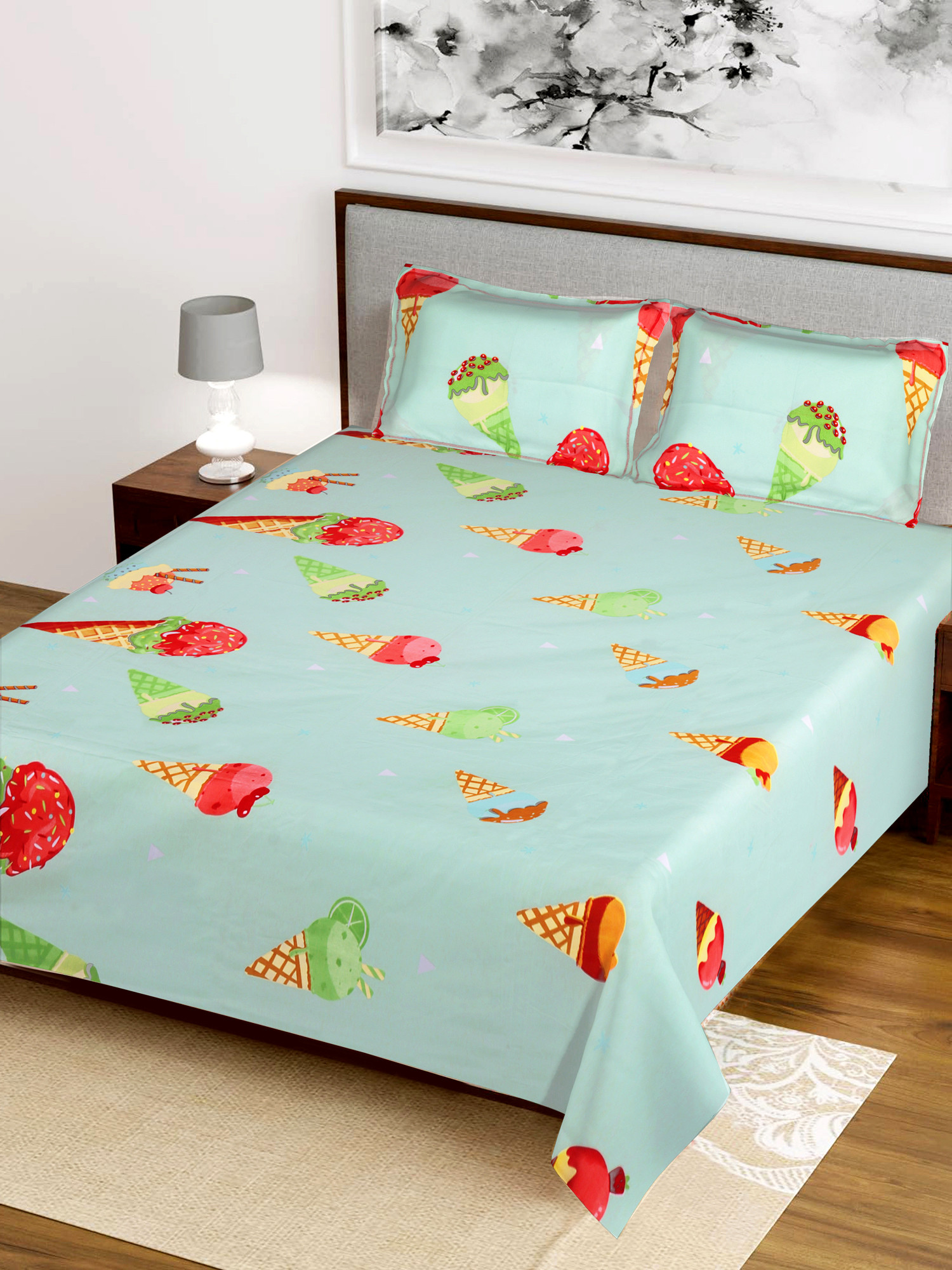 Kuber Industries Ice Cream Printed Luxurious Soft Breathable & Comfortable Glace Cotton Double Bedsheet With 2 Pillow Covers (Light Cream)-HS43KUBMART26793