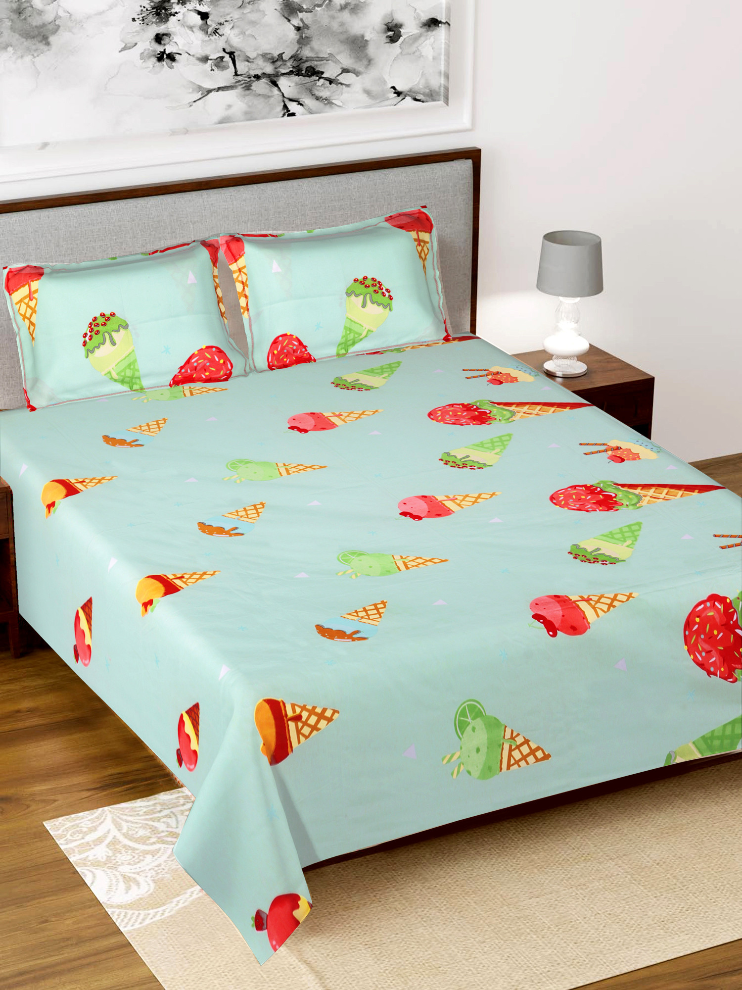 Kuber Industries Ice Cream Printed Luxurious Soft Breathable & Comfortable Glace Cotton Double Bedsheet With 2 Pillow Covers (Light Cream)-HS43KUBMART26793