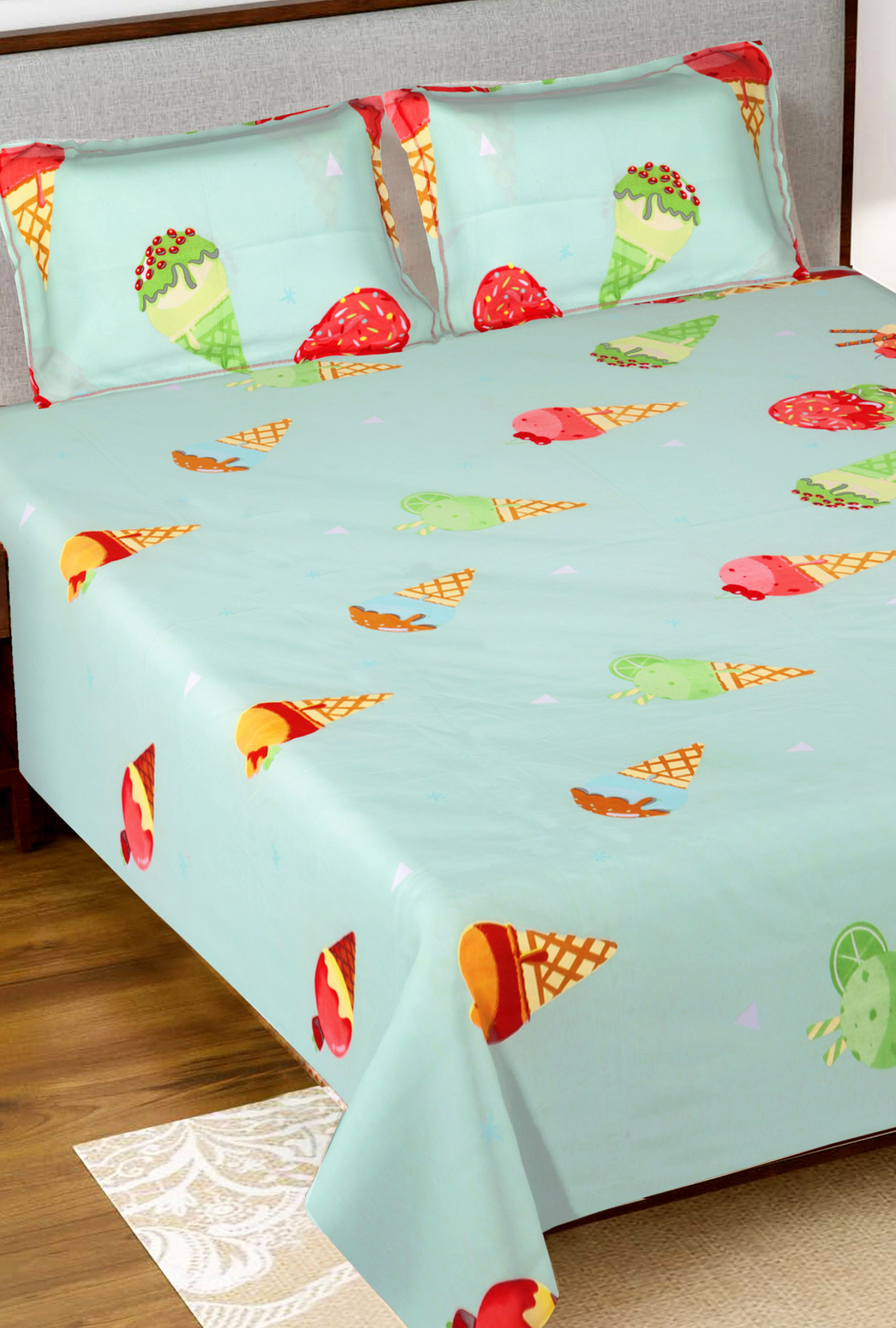 Kuber Industries Ice Cream Printed Luxurious Soft Breathable & Comfortable Glace Cotton Double Bedsheet With 2 Pillow Covers (Light Cream)-HS43KUBMART26793