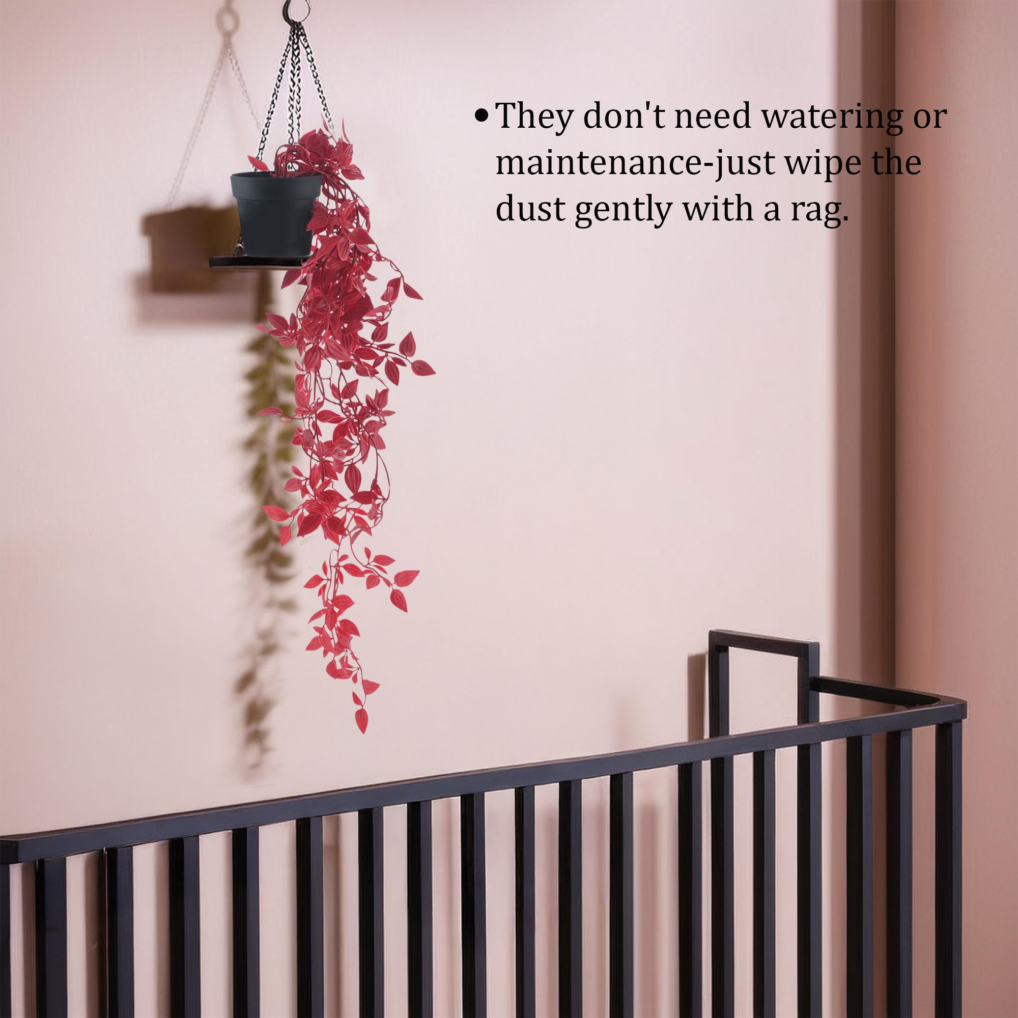 Kuber Industries Indoor Artificial Plants with Pot for Living Room  Green Fake Vines for Home Decor and Office  Leaves Hanging Falling Plants for Wall and Balcony Shelf Decoration  Red