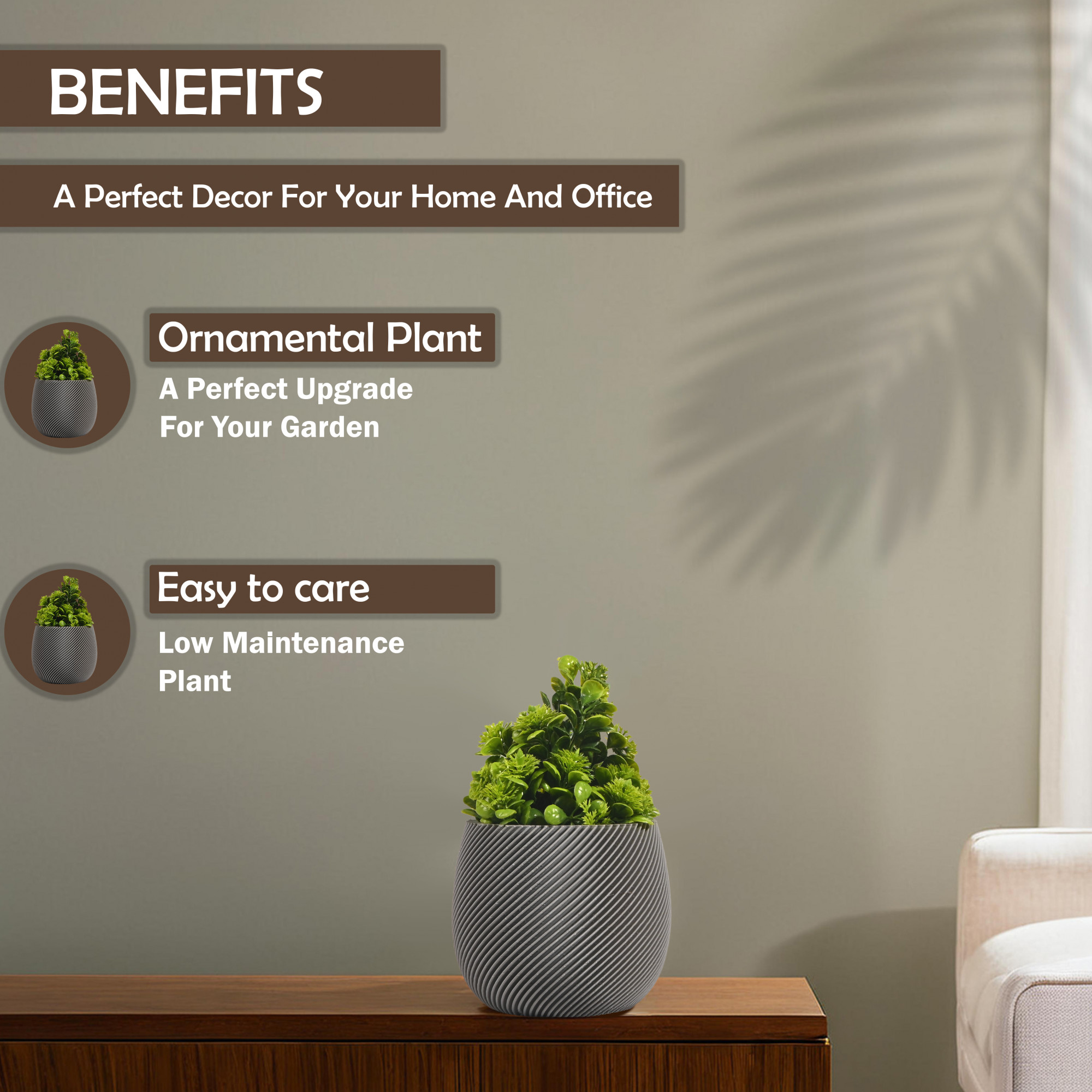 Kuber Industries Indoor Artificial Plants with Pot for Shelf and Table Top  Potted Faux Plants for Home Decor  Office Desk  TV Unit Decorative Items for Living Room  4001 - Grey