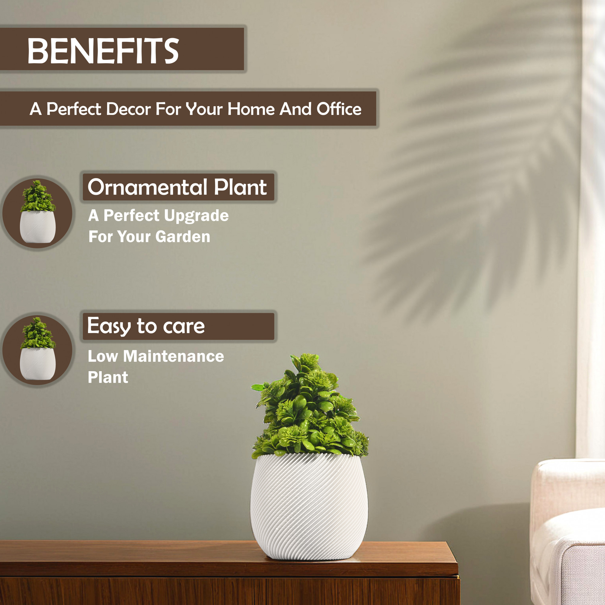 Kuber Industries Indoor Artificial Plants with Pot for Shelf and Table Top  Potted Faux Plants for Home Decor  Office Desk  TV Unit Decorative Items for Living Room  4001 - White