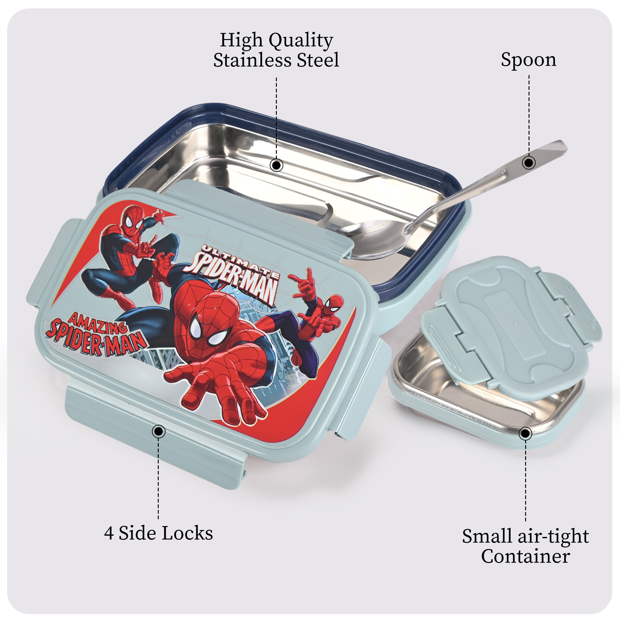 Kuber Industries Inner Stainless Steel Lunch Box for Kids with Clip Lock Lid and Spoon  Insulated  Airtight Kids Tiffin Box for School and Picnic  Spider Man - Grey