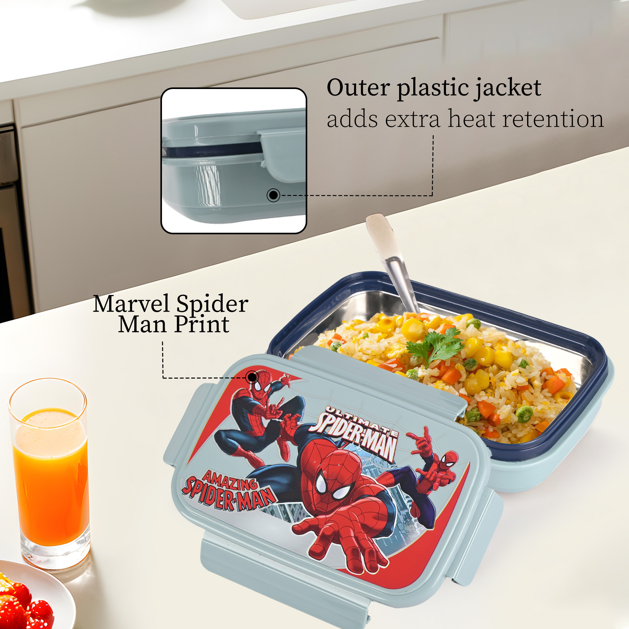 Kuber Industries Inner Stainless Steel Lunch Box for Kids with Clip Lock Lid and Spoon  Insulated  Airtight Kids Tiffin Box for School and Picnic  Spider Man - Grey