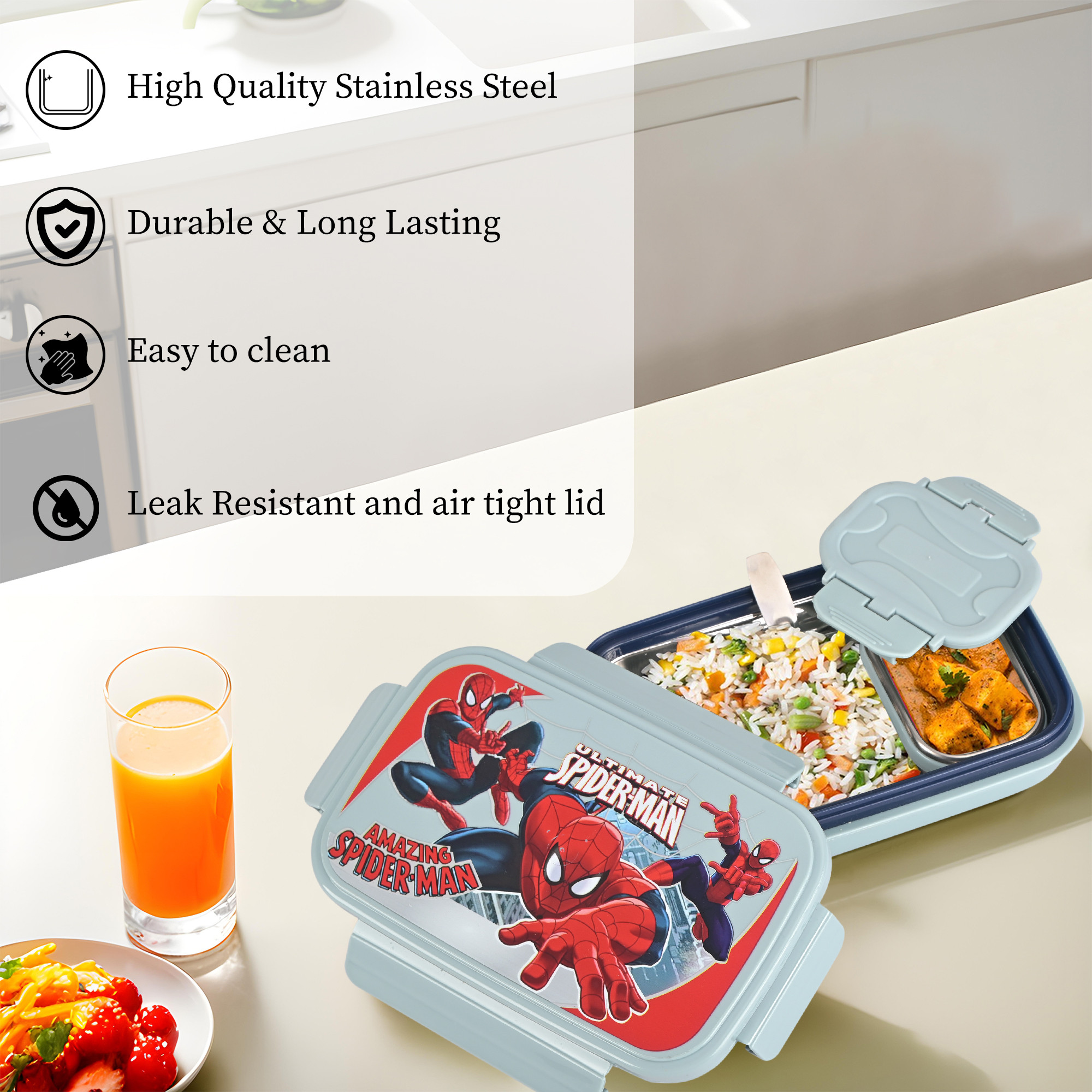 Kuber Industries Inner Stainless Steel Lunch Box for Kids with Clip Lock Lid and Spoon  Insulated  Airtight Kids Tiffin Box for School and Picnic  Spider Man - Grey