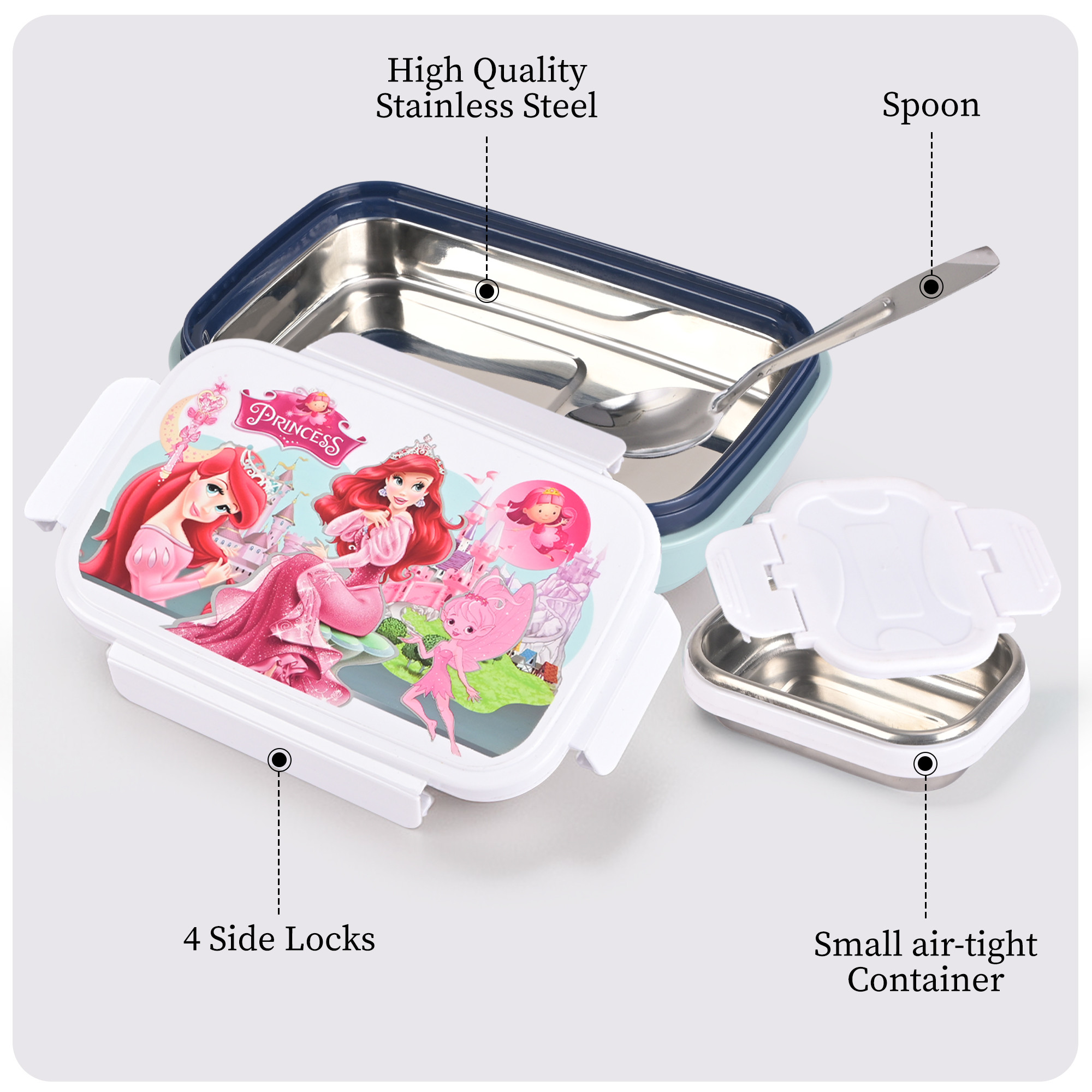 Kuber Industries Inner Stainless Steel Lunch Box for Kids with Clip Lock Lid and Spoon  Insulated  Airtight Kids Tiffin Box for School and Picnic  Princess - Grey  White