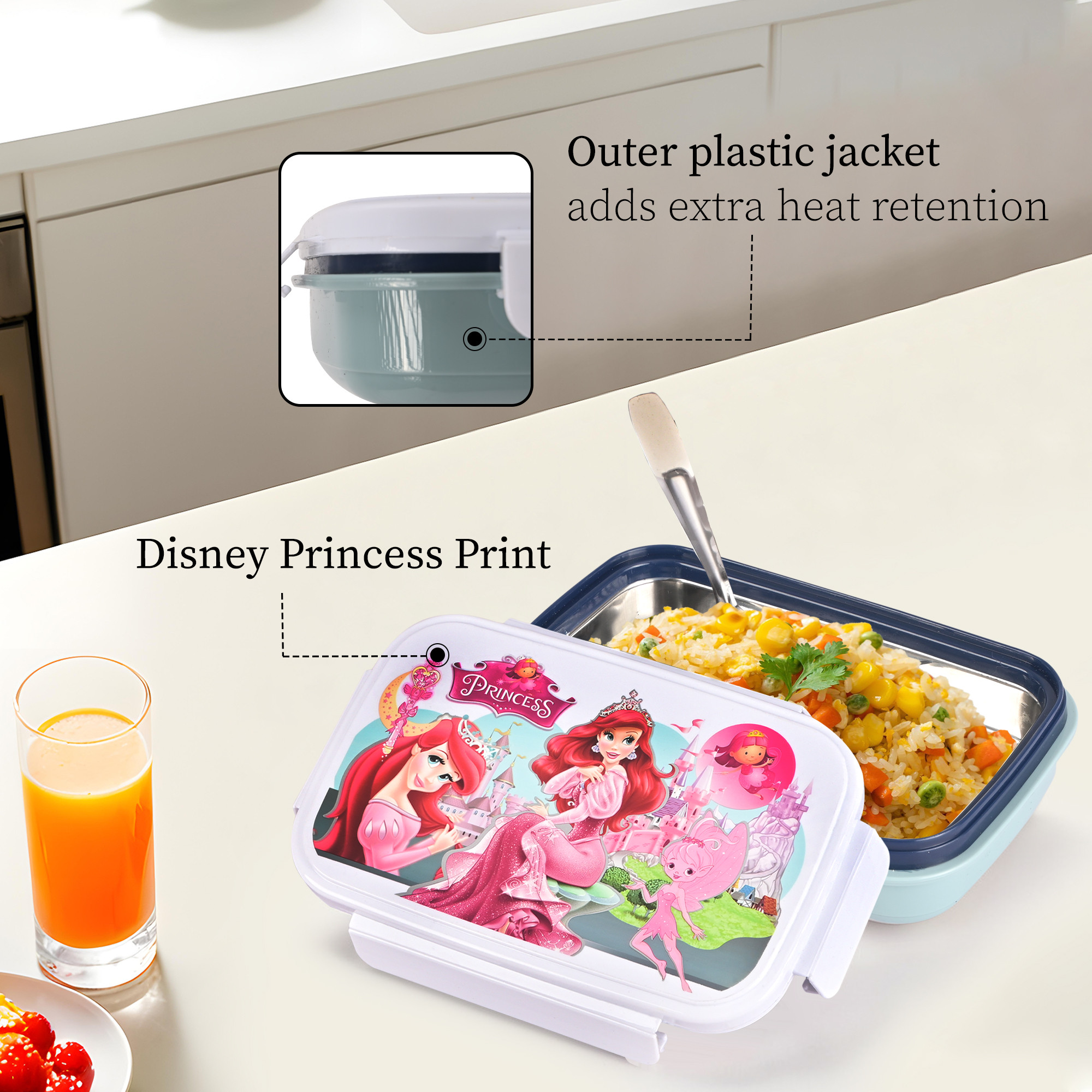 Kuber Industries Inner Stainless Steel Lunch Box for Kids with Clip Lock Lid and Spoon  Insulated  Airtight Kids Tiffin Box for School and Picnic  Princess - Grey  White