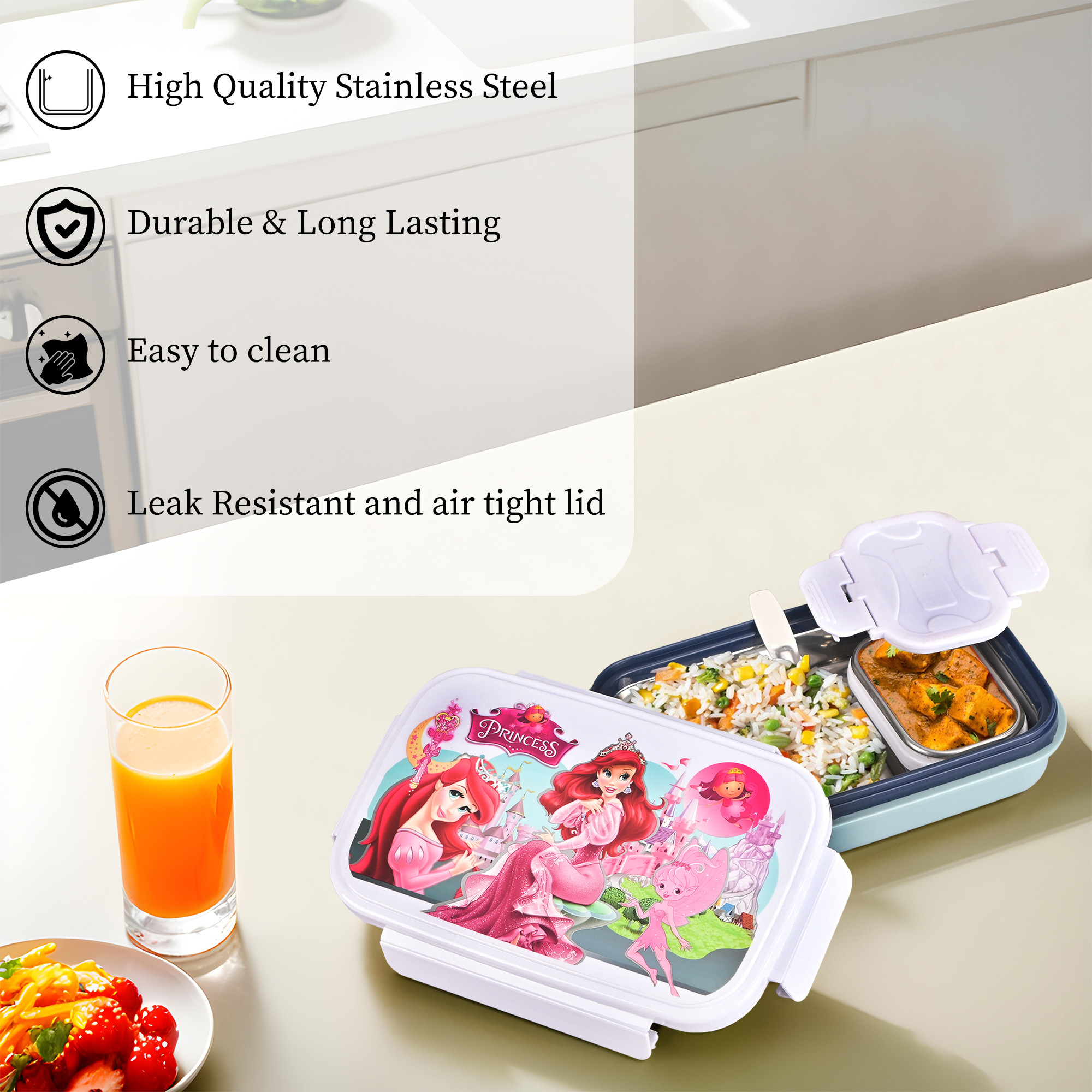 Kuber Industries Inner Stainless Steel Lunch Box for Kids with Clip Lock Lid and Spoon  Insulated  Airtight Kids Tiffin Box for School and Picnic  Princess - Grey  White