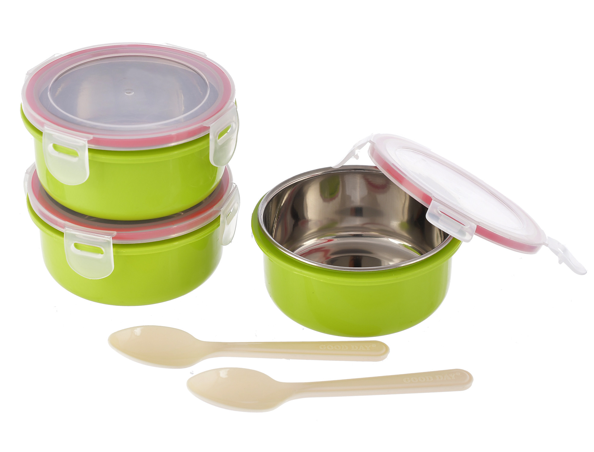 Kuber Industries Inner Steel 3 Container & 2 Plastic Spoon Lunch Box Set With Lock Lid & Bag Cover (Green)-HS42KUBMART25121