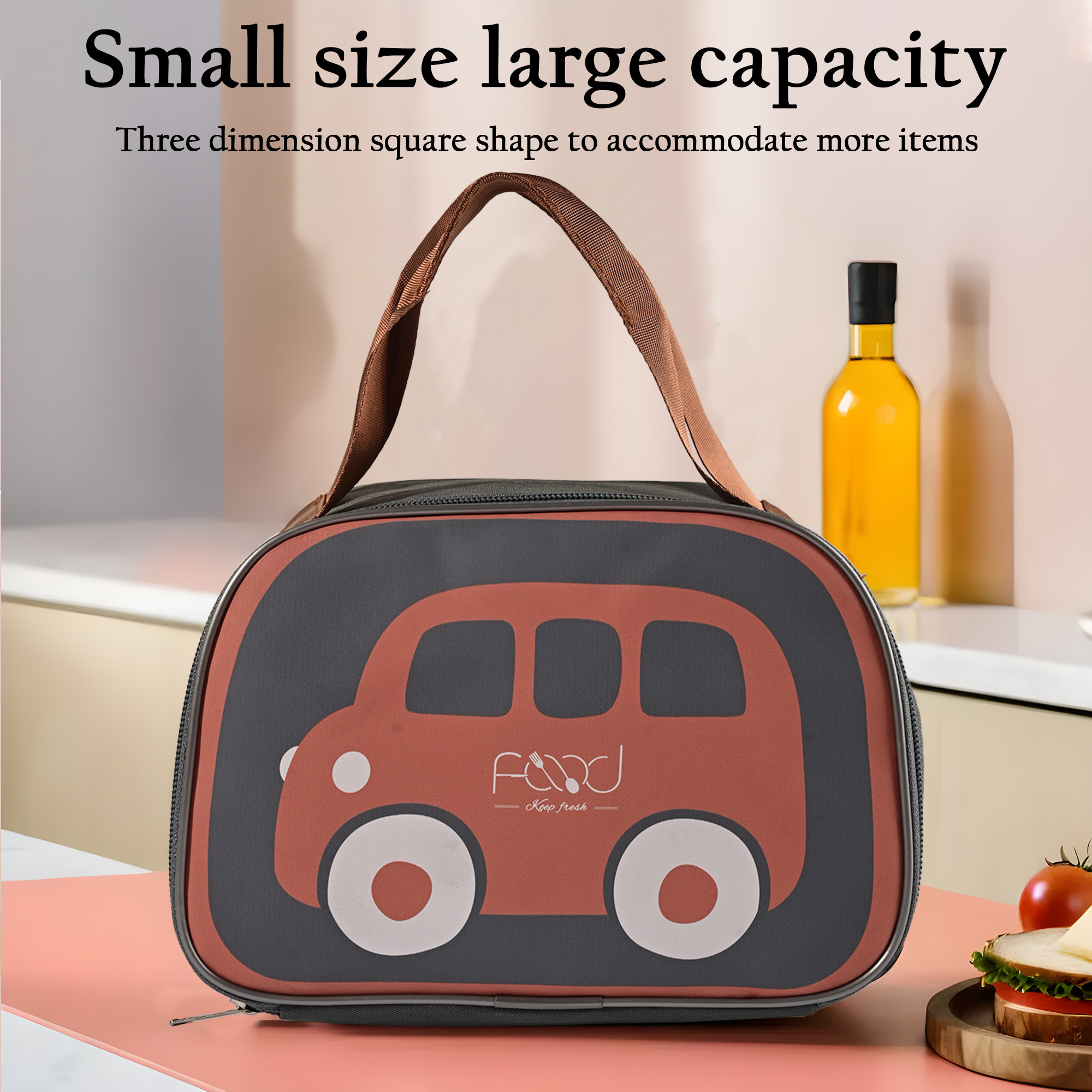 Kuber Industries Insulated Kids Lunch Bag with Inner Pocket Zip  Handle  Leakproof Lunch Bag for Kids Girls  Boys  Lunchbag for Kids for School  YJ-8-GRY  Car Design - Grey