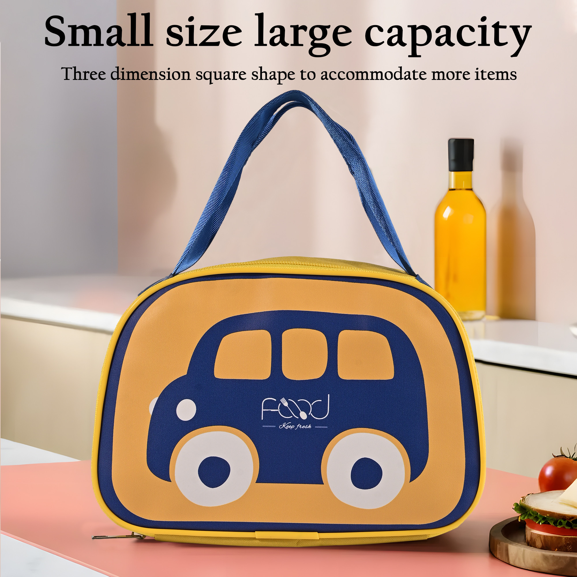 Kuber Industries Insulated Kids Lunch Bag with Inner Pocket Zip  Handle  Leakproof Lunch Bag for Kids Girls  Boys  Lunchbag for Kids for School  YJ-8-YEL  Car Design - Yellow
