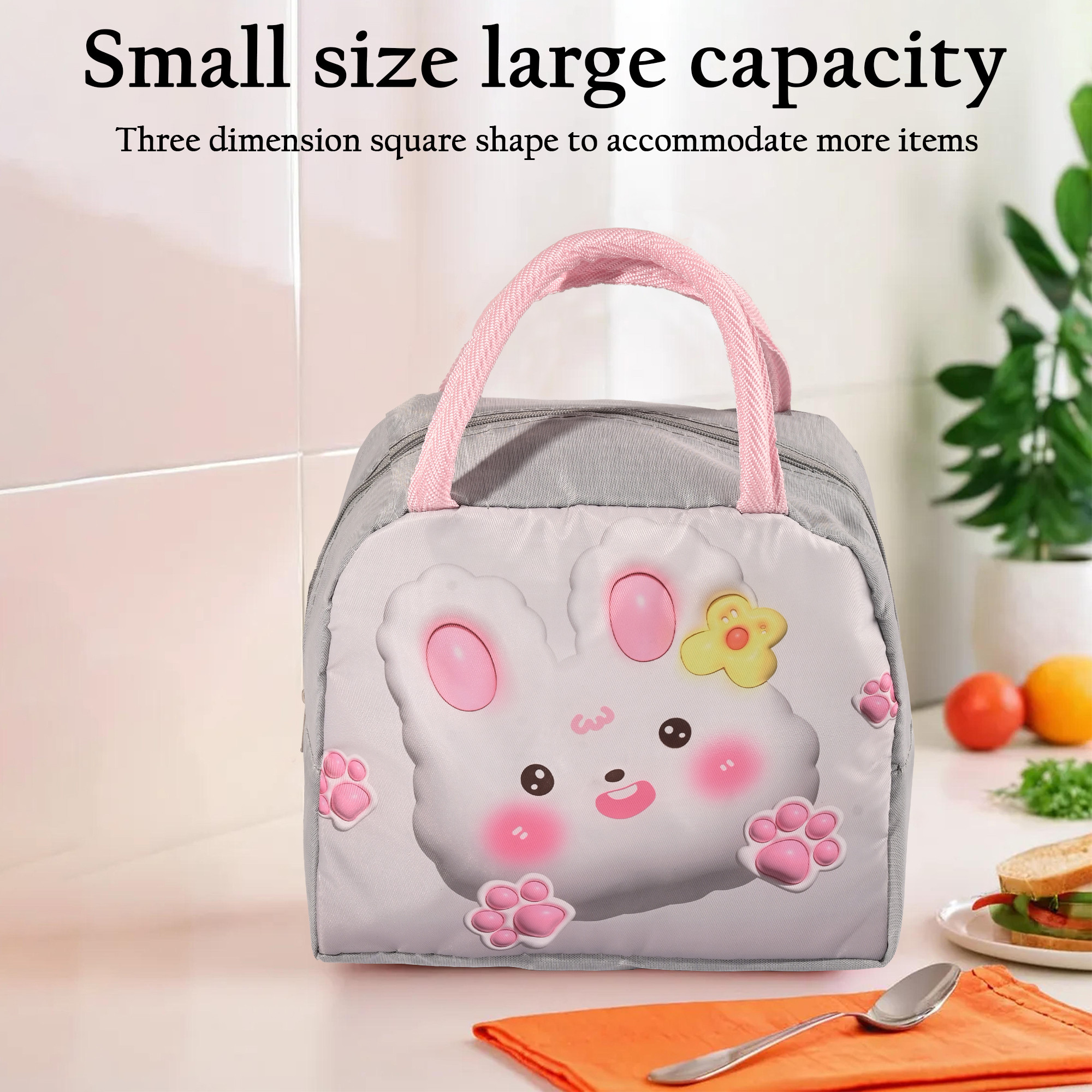 Kuber Industries Insulated Kids Lunch Bag with Zip Closure  Handle  Leakproof  Lunch Bag for Kids Girls  Boys  Lunchbag for Kids for School  Picnic  YJ-2-WHH  Rabbit Design - White
