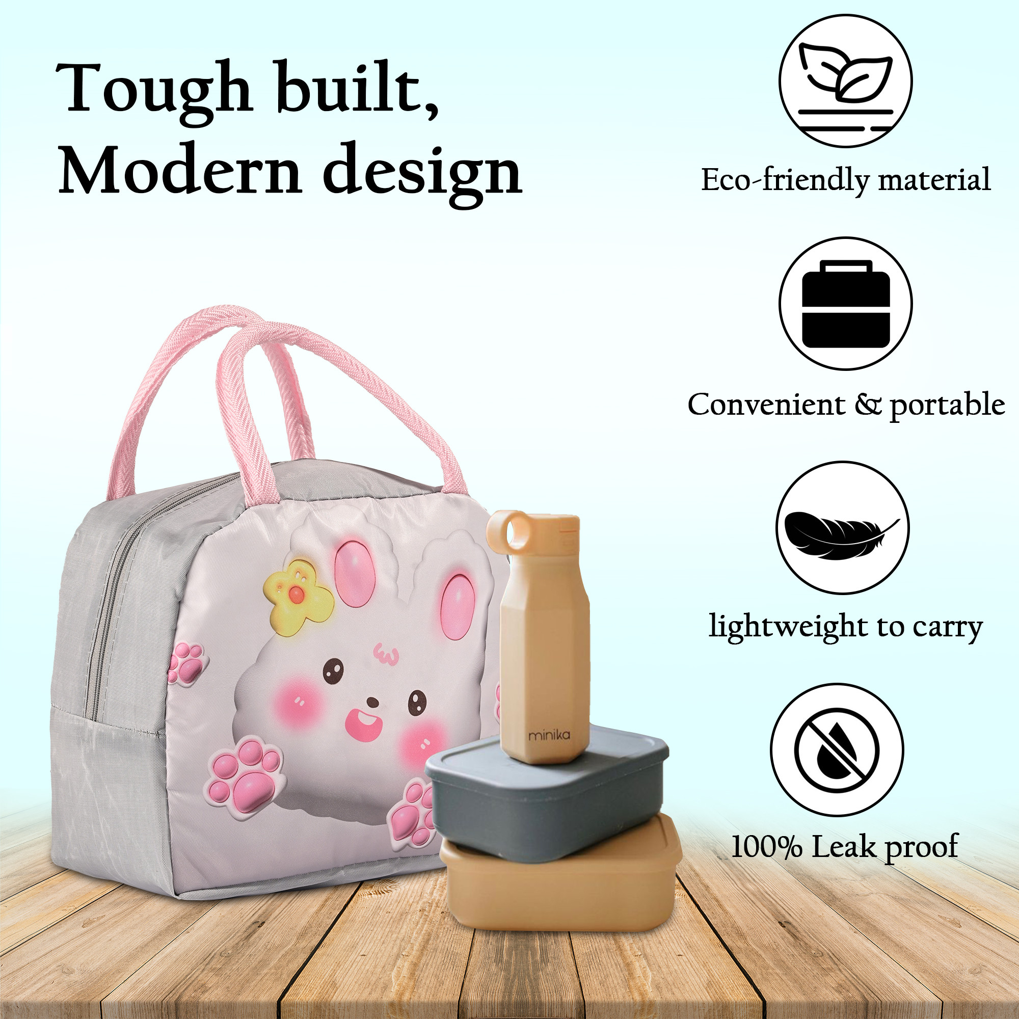Kuber Industries Insulated Kids Lunch Bag with Zip Closure  Handle  Leakproof  Lunch Bag for Kids Girls  Boys  Lunchbag for Kids for School  Picnic  YJ-2-WHH  Rabbit Design - White