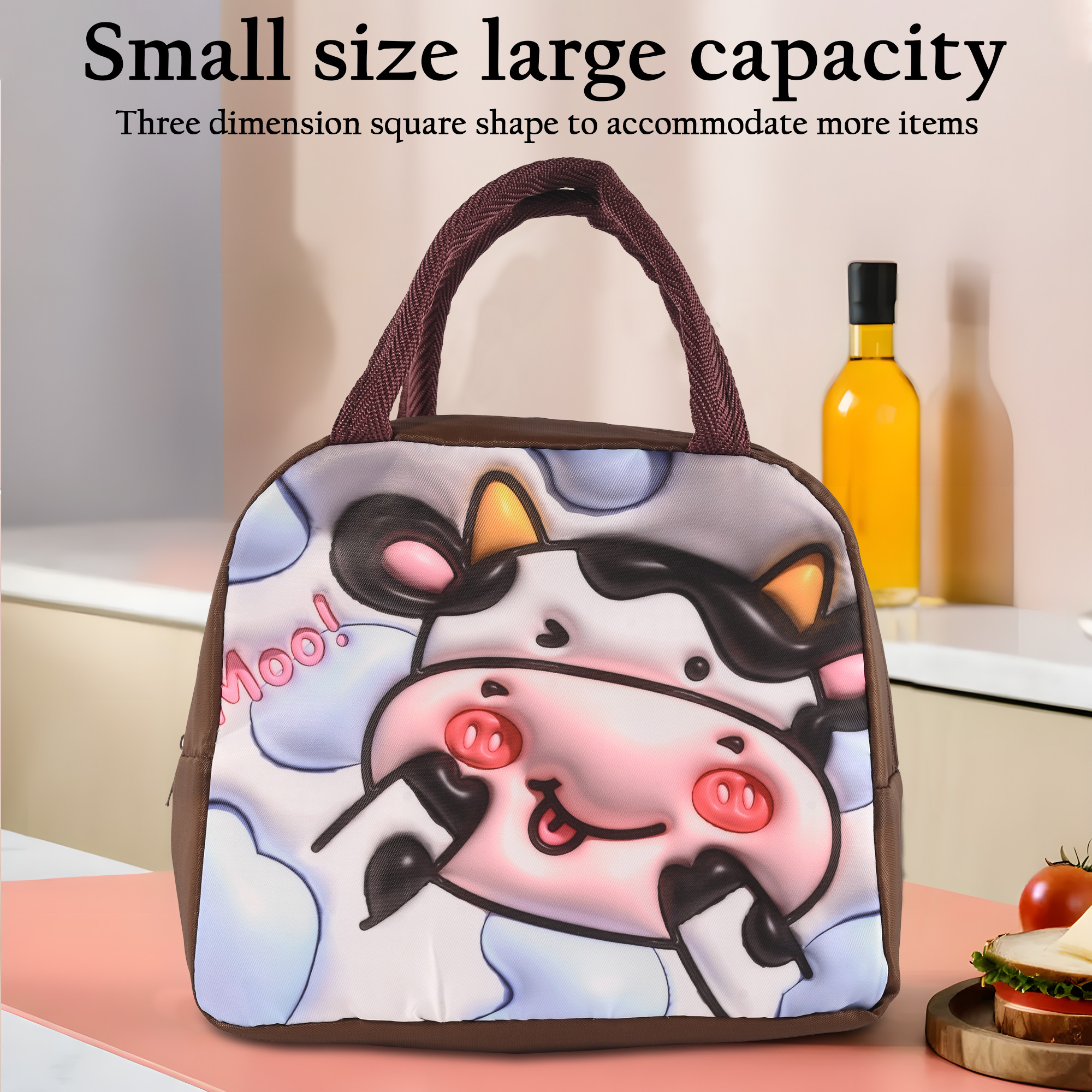 Kuber Industries Insulated Kids Lunch Bag with Zip Closure  Handle  Leakproof Lunch Bag for Kids Girls  Boys  Lunchbag for Kids for School  Picnic  YJ-2-BRN  Cow Print - Brown