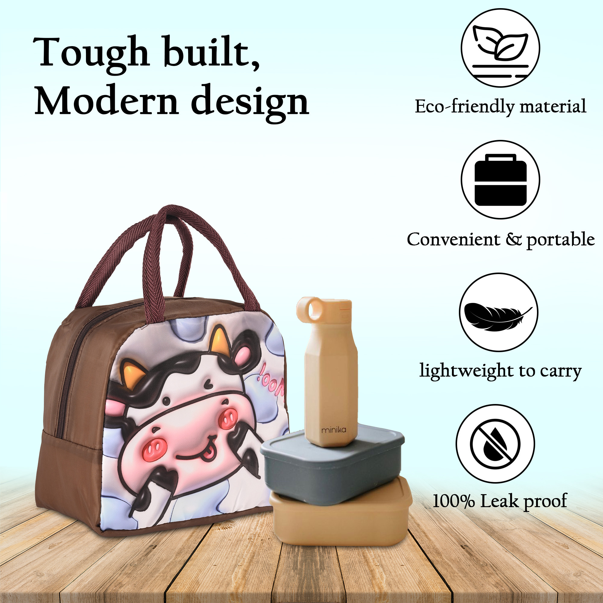 Kuber Industries Insulated Kids Lunch Bag with Zip Closure  Handle  Leakproof Lunch Bag for Kids Girls  Boys  Lunchbag for Kids for School  Picnic  YJ-2-BRN  Cow Print - Brown