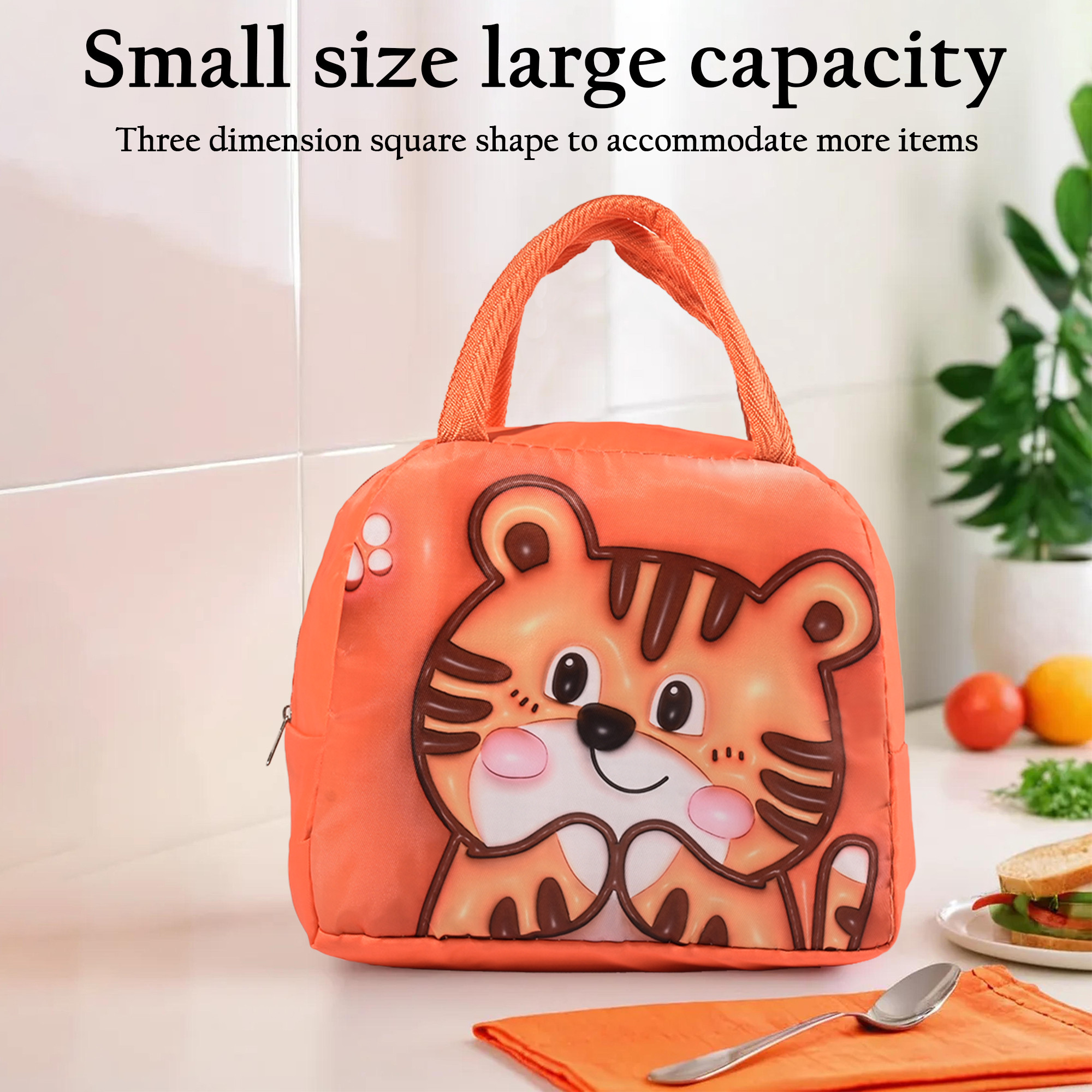 Kuber Industries Insulated Kids Lunch Bag with Zip Closure  Handle  Leakproof Lunch Bag for Kids Girls  Boys  Lunchbag for Kids for School  Picnic  YJ-2-ORG  Tiger Design - Orange