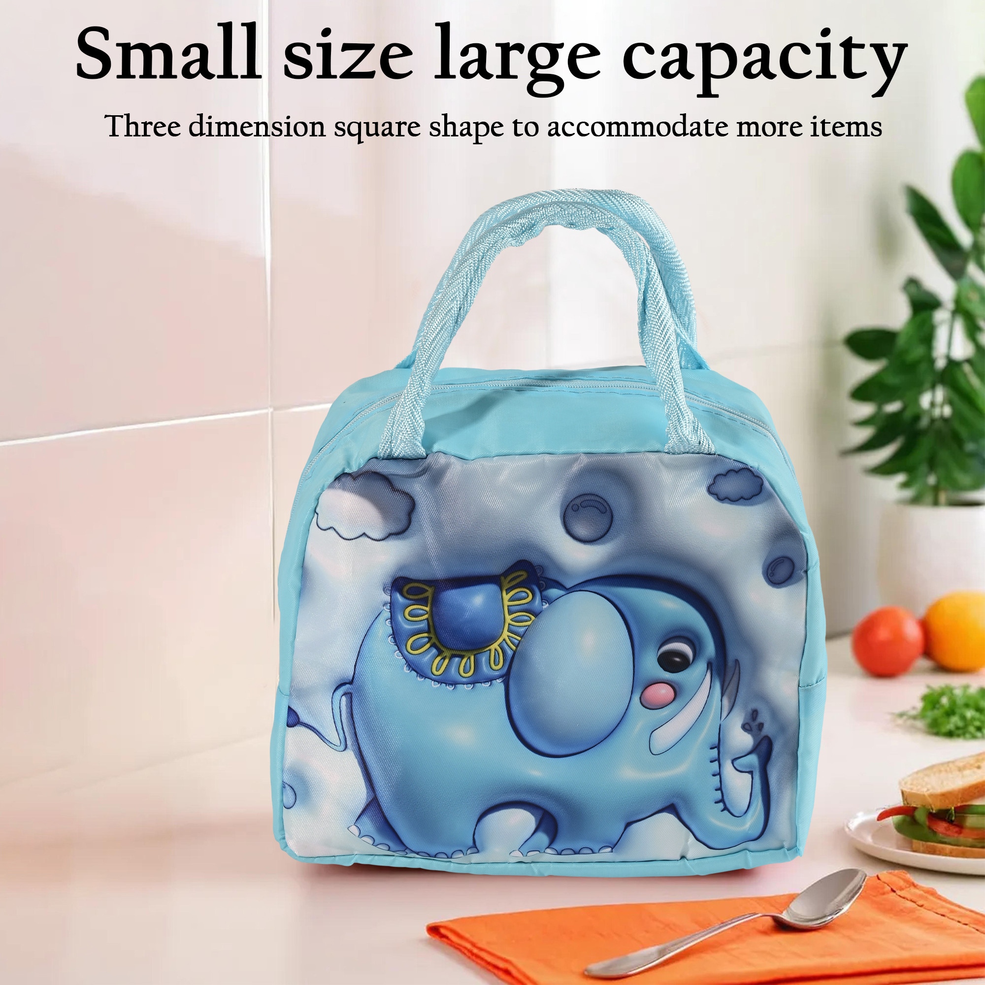 Kuber Industries Insulated Kids Lunch Bag with Zip Closure  Handle  Leakproof Lunch Bag for Kids Girls  Boys  Lunchbag for Kids for School  Picnic  YJ-2-BLU  Elephant Design - Blue