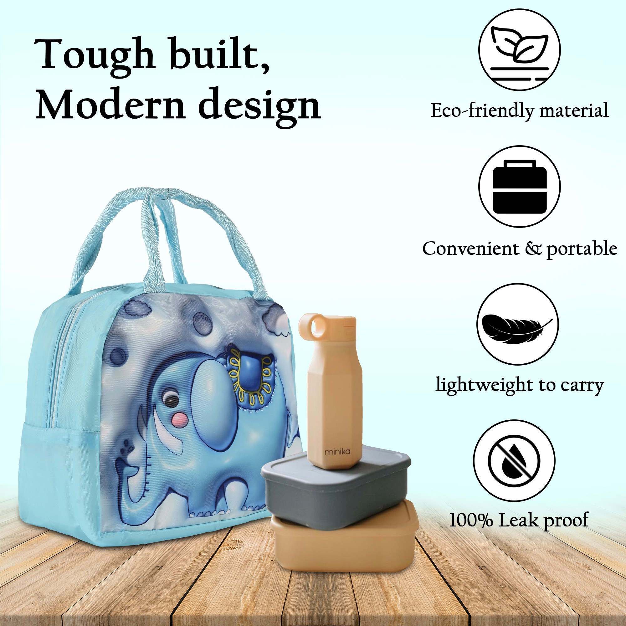 Kuber Industries Insulated Kids Lunch Bag with Zip Closure  Handle  Leakproof Lunch Bag for Kids Girls  Boys  Lunchbag for Kids for School  Picnic  YJ-2-BLU  Elephant Design - Blue
