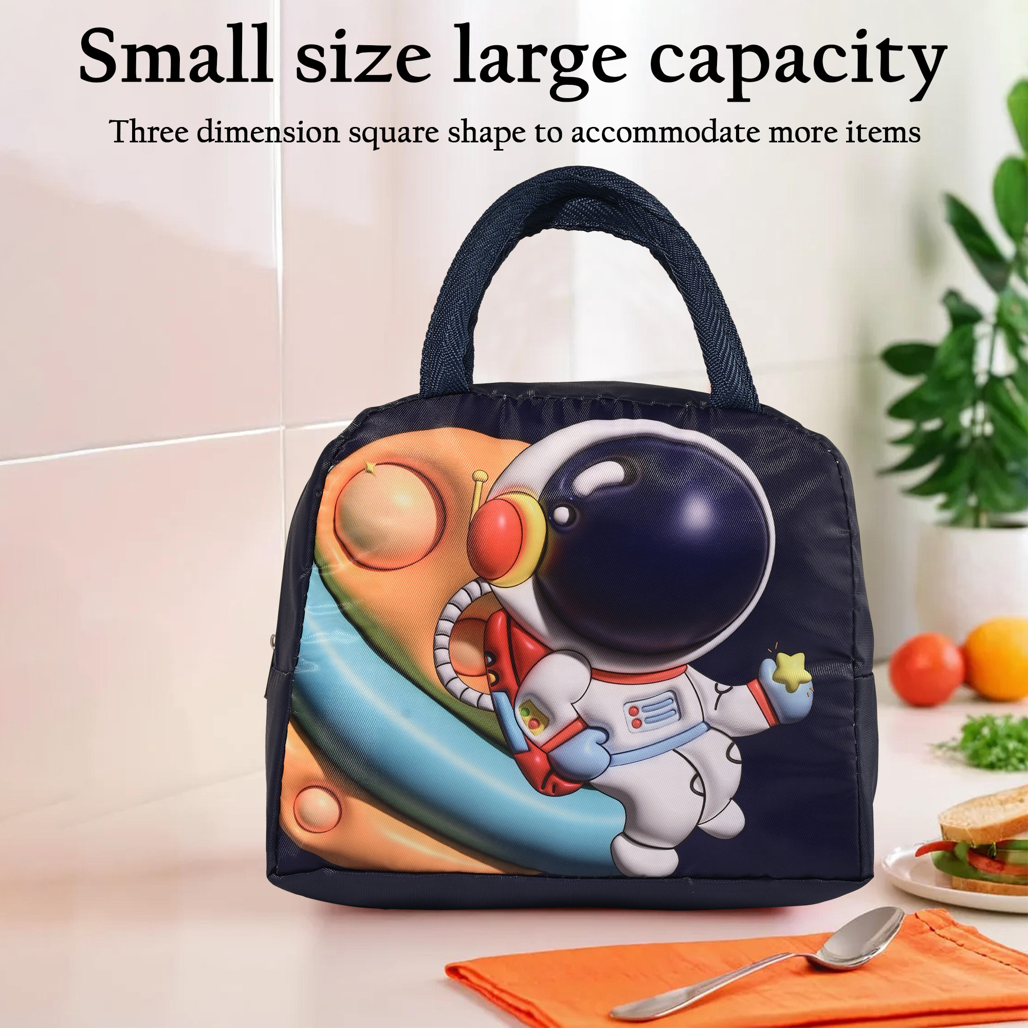 Kuber Industries Insulated Kids Lunch Bag with Zip Closure  Handle  Leakproof Lunch Bag for Kids Girls  Boys  Lunchbag for Kids for School  Picnic  YJ-2-NBLU  Astronaut Design - Navy Blue