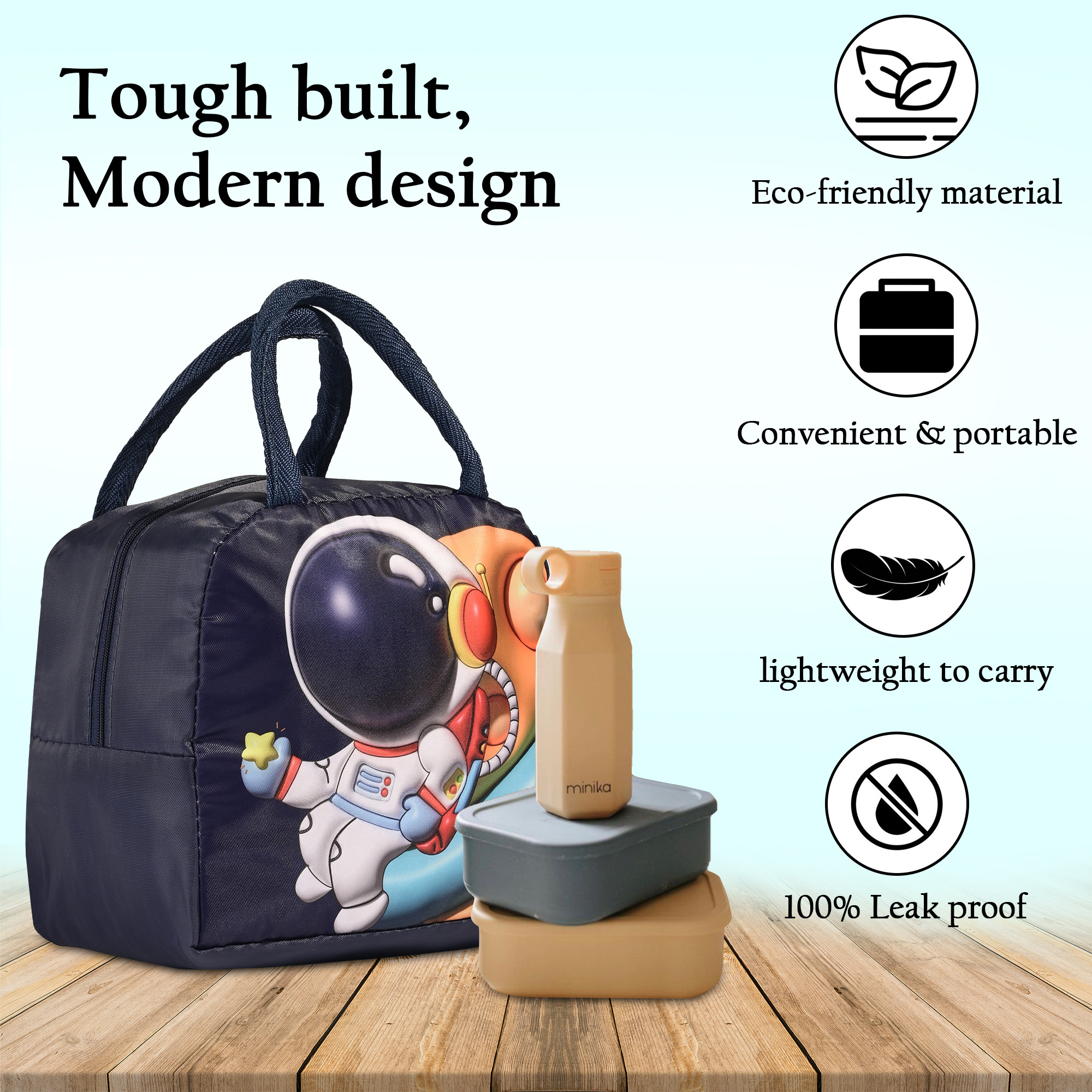 Kuber Industries Insulated Kids Lunch Bag with Zip Closure  Handle  Leakproof Lunch Bag for Kids Girls  Boys  Lunchbag for Kids for School  Picnic  YJ-2-NBLU  Astronaut Design - Navy Blue