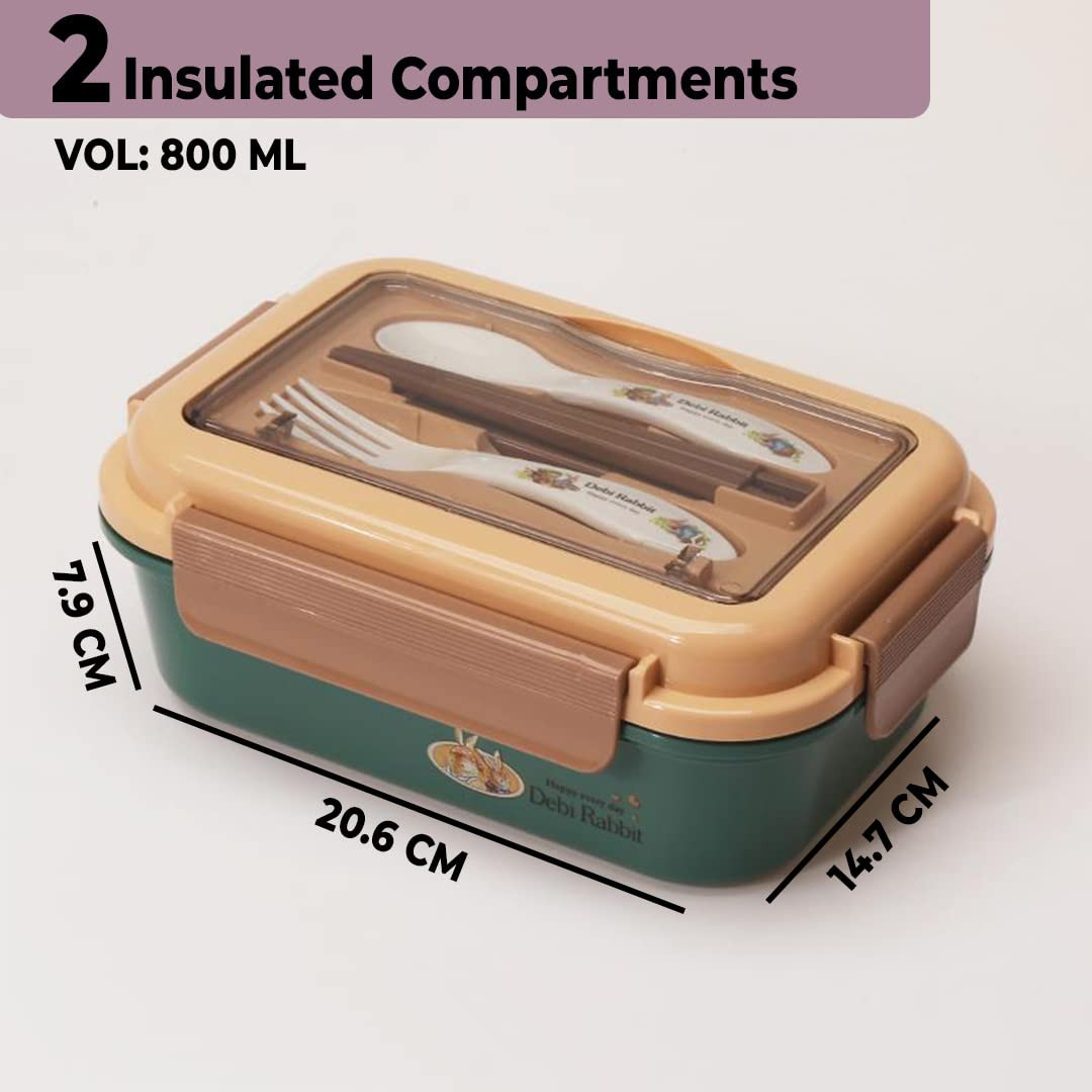 Kuber Industries Insulated Lunch Box for Kids & Adults|Premium Food-Grade PP Plastic|Leakproof & Spill Proof|Dishwasher & Microwave Safe Lunch Box|800 ML|HX0042727|Green