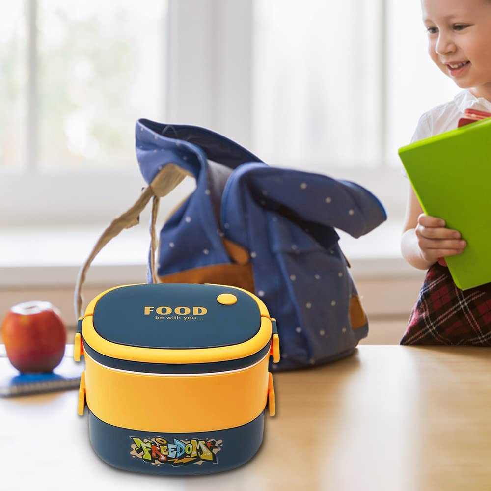 Kuber Industries Insulated Lunch Box With 2 Compartments|100% BPA Free, Food Grade ABS Plastic|Leakproof & Spill Proof|Dishwasher & Microwave Safe Lunch Box|1450 ML|HX0043341|Yellow & Blue