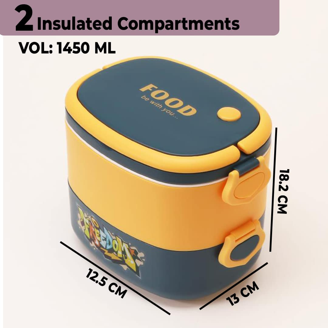 Kuber Industries Insulated Lunch Box With 2 Compartments|100% BPA Free, Food Grade ABS Plastic|Leakproof & Spill Proof|Dishwasher & Microwave Safe Lunch Box|1450 ML|HX0043341|Yellow & Blue