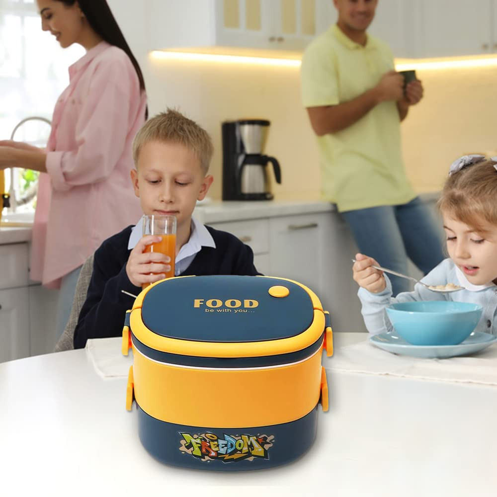 Kuber Industries Insulated Lunch Box With 2 Compartments|100% BPA Free, Food Grade ABS Plastic|Leakproof & Spill Proof|Dishwasher & Microwave Safe Lunch Box|1450 ML|HX0043341|Yellow & Blue