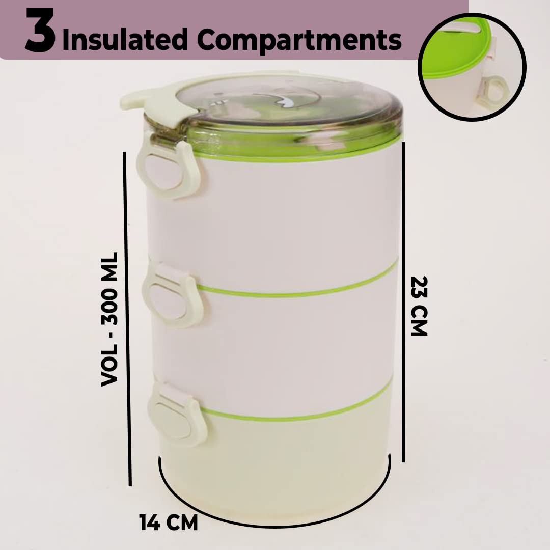 Kuber Industries Insulated Lunch Box With 3 Compartments|100% BPA Free, Food Grade ABS Plastic|Leakproof & Spill Proof|Dishwasher & Microwave Safe Lunch Box|3000 ML|HX0032531|Green