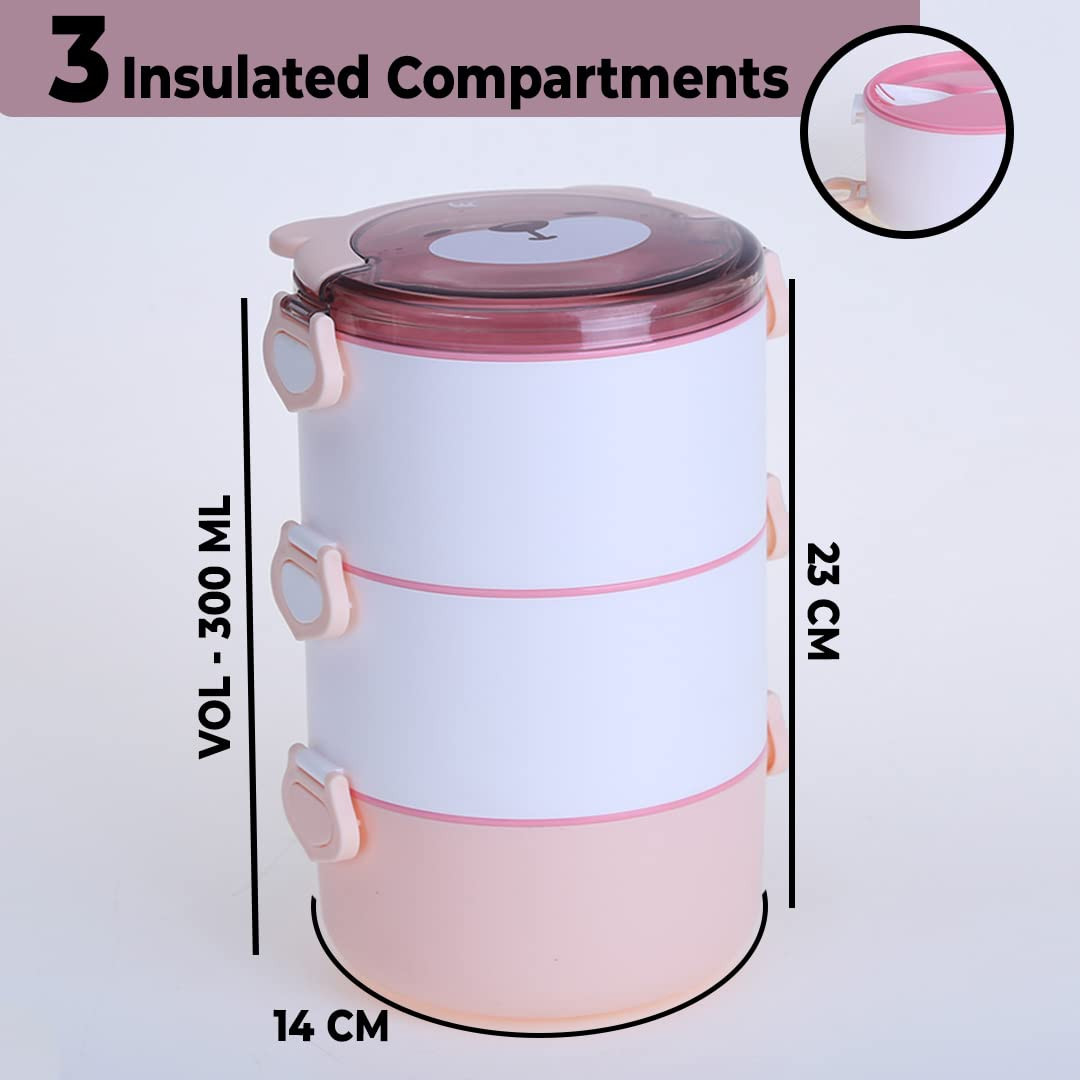 Kuber Industries Insulated Lunch Box With 3 Compartments|100% BPA Free, Food Grade ABS Plastic|Leakproof & Spill Proof|Dishwasher & Microwave Safe Lunch Box|3000 ML|HX0034190|Pink