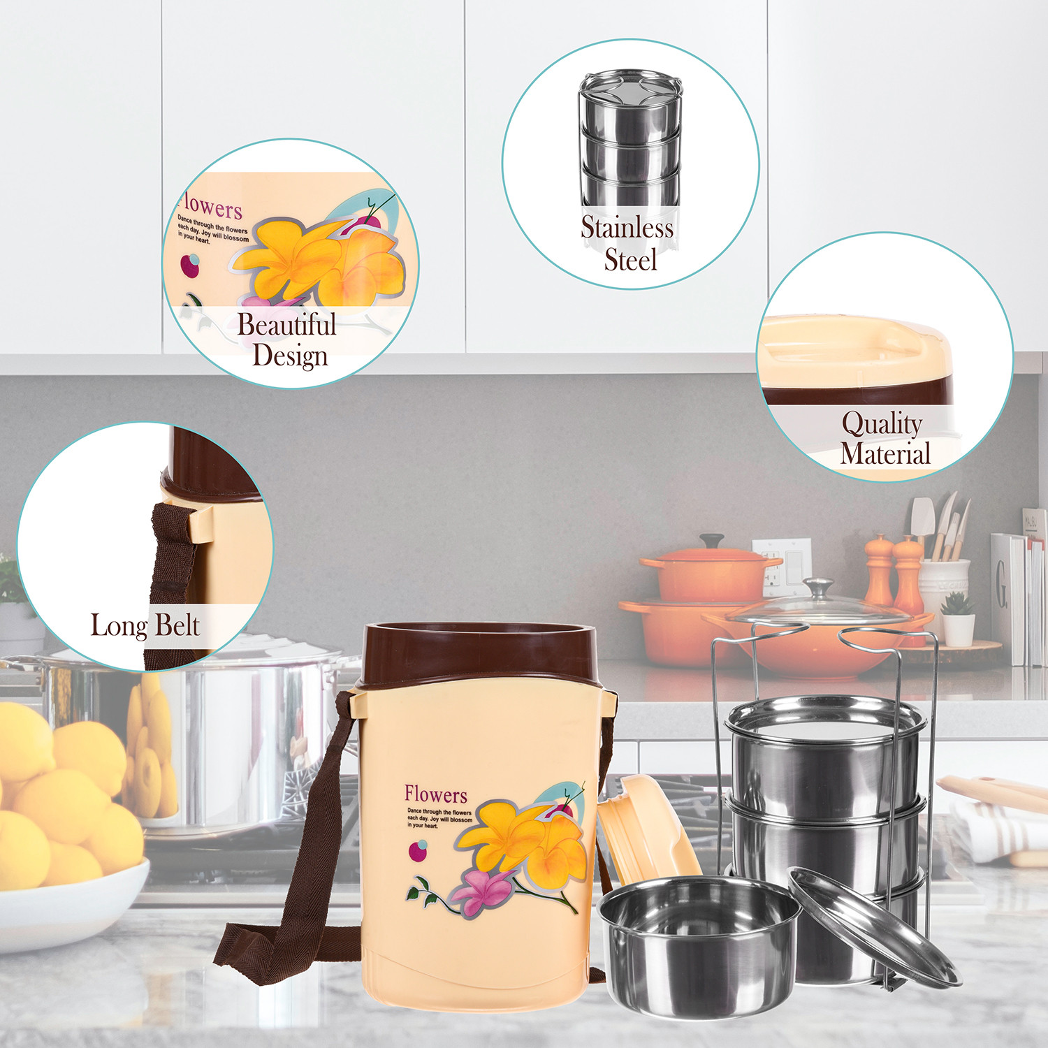 Kuber Industries Insulated Lunch Box|Stainless Steel Leak-Free Containers|Premium Plastic Tiffin Box for Office|School|Travelling (Cream)