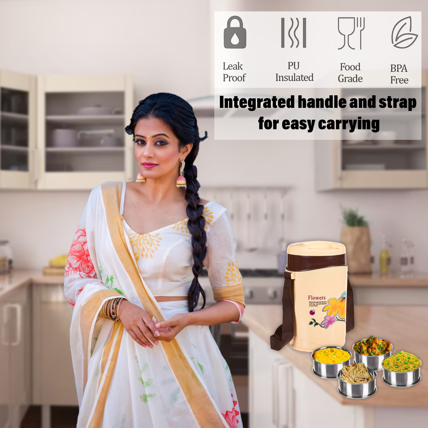 Kuber Industries Insulated Lunch Box|Stainless Steel Leak-Free Containers|Premium Plastic Tiffin Box for Office|School|Travelling (Cream)