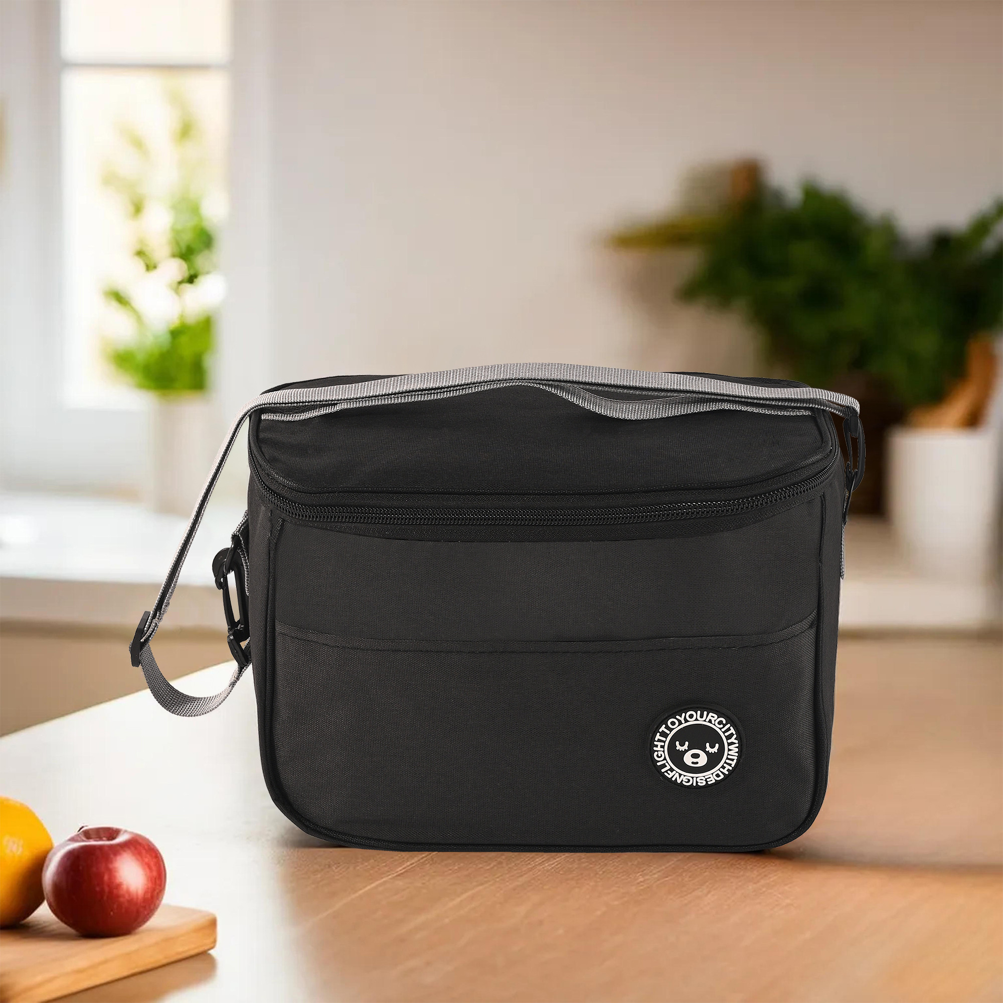 Kuber Industries Insulated Tiffin Bag for Office for Men  Women with Detachable Hook Adjustable Strap Zip  Front Pocket  Durable Lunch Box Bags for Women  YJ-9-BLK  Black