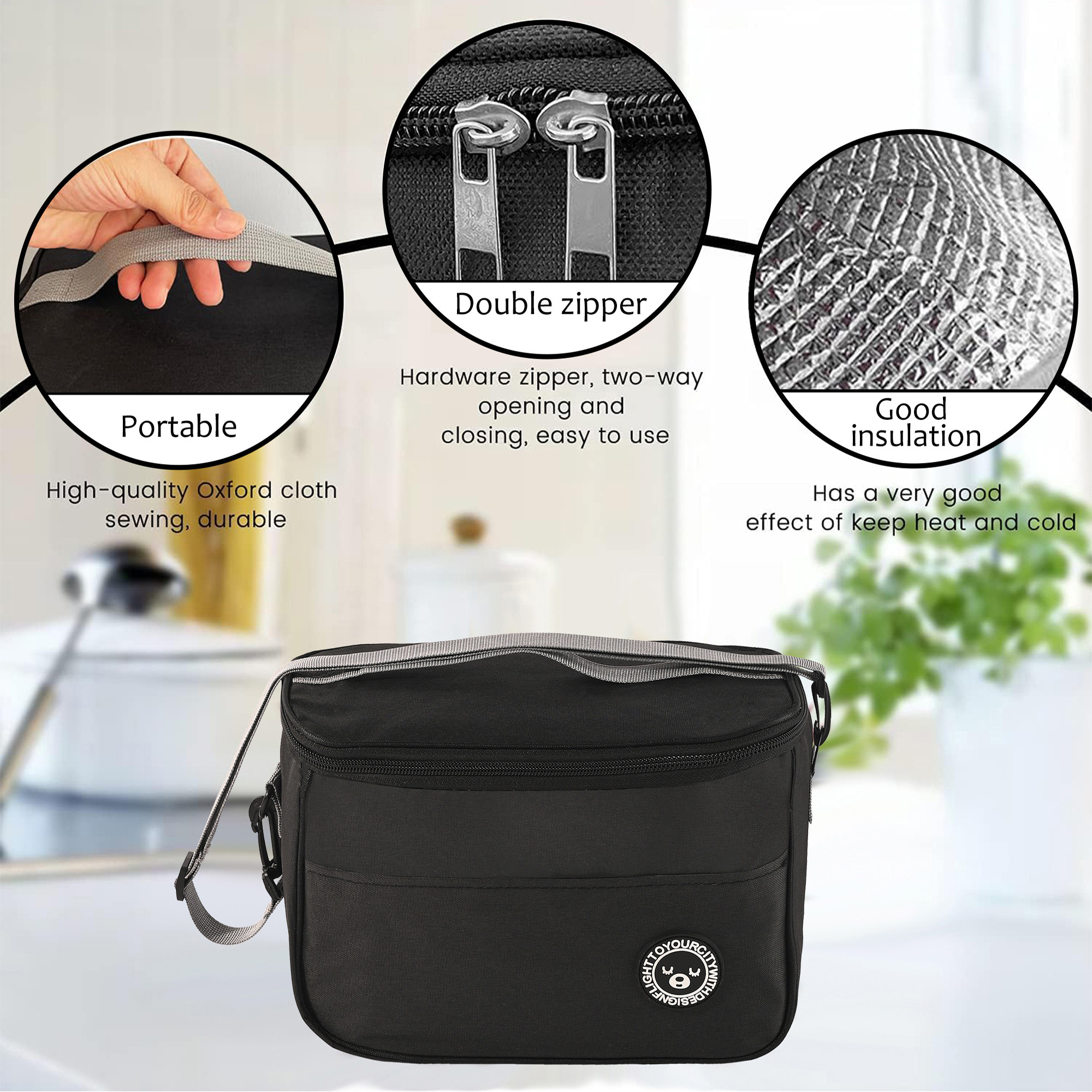 Kuber Industries Insulated Tiffin Bag for Office for Men  Women with Detachable Hook Adjustable Strap Zip  Front Pocket  Durable Lunch Box Bags for Women  YJ-9-BLK  Black