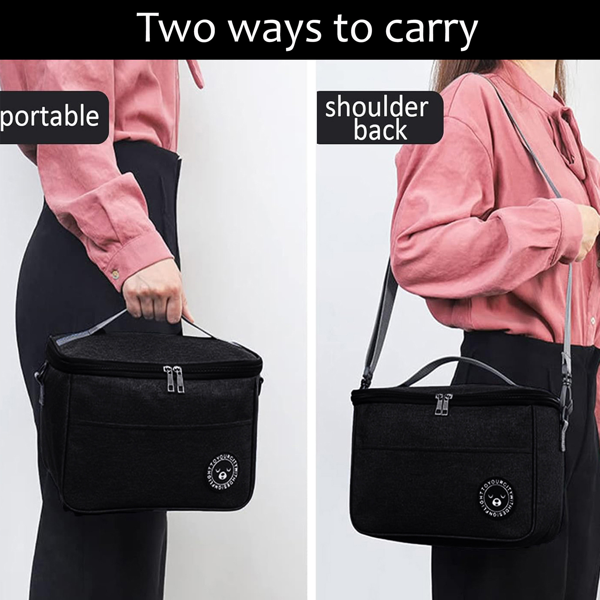 Kuber Industries Insulated Tiffin Bag for Office for Men  Women with Detachable Hook Adjustable Strap Zip  Front Pocket  Durable Lunch Box Bags for Women  YJ-9-BLK  Black