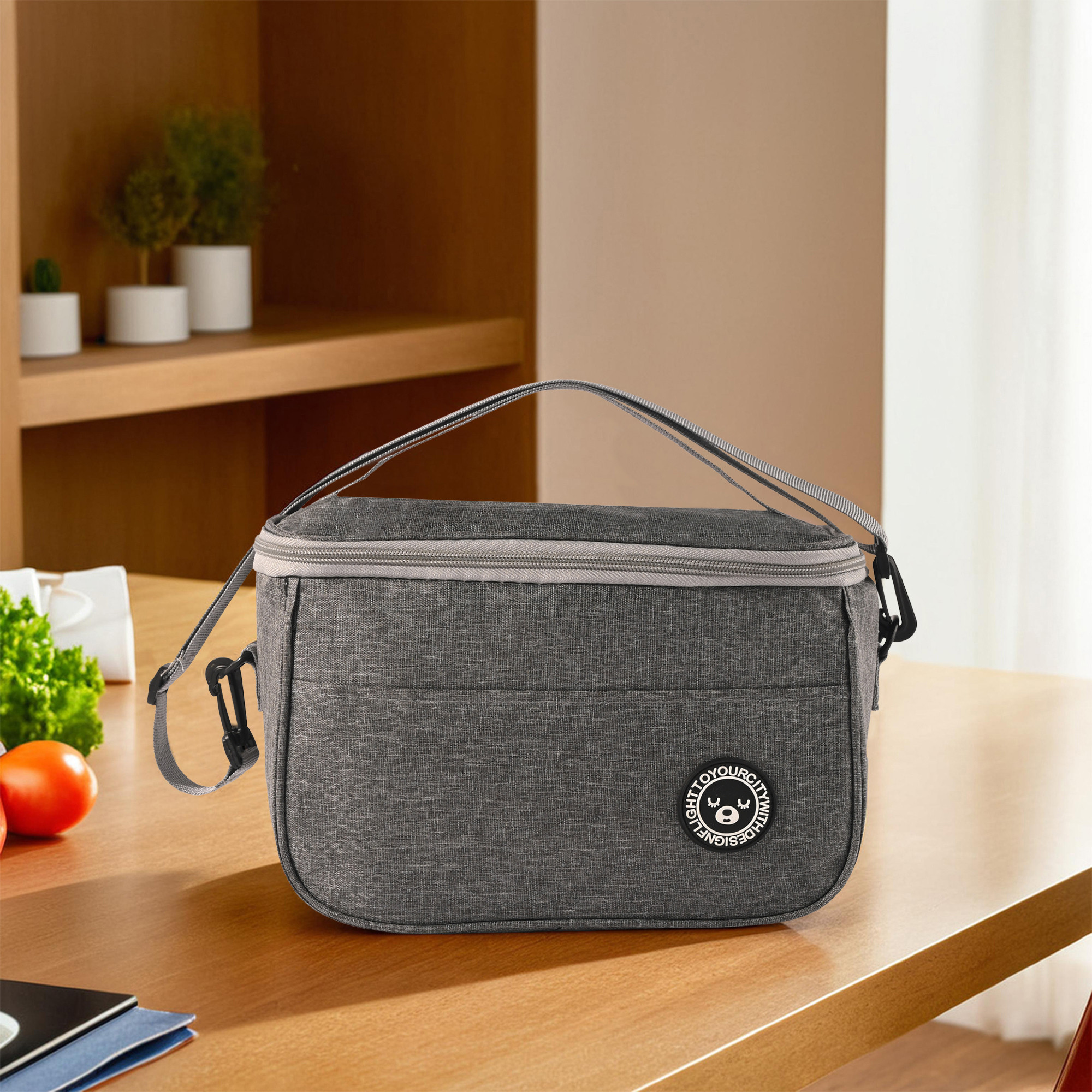 Kuber Industries Insulated Tiffin Bag for Office for Men  Women with Detachable Hook Adjustable Strap Zip  Front Pocket  Durable Lunch Box Bags for Women  YJ-9-GRY  Grey