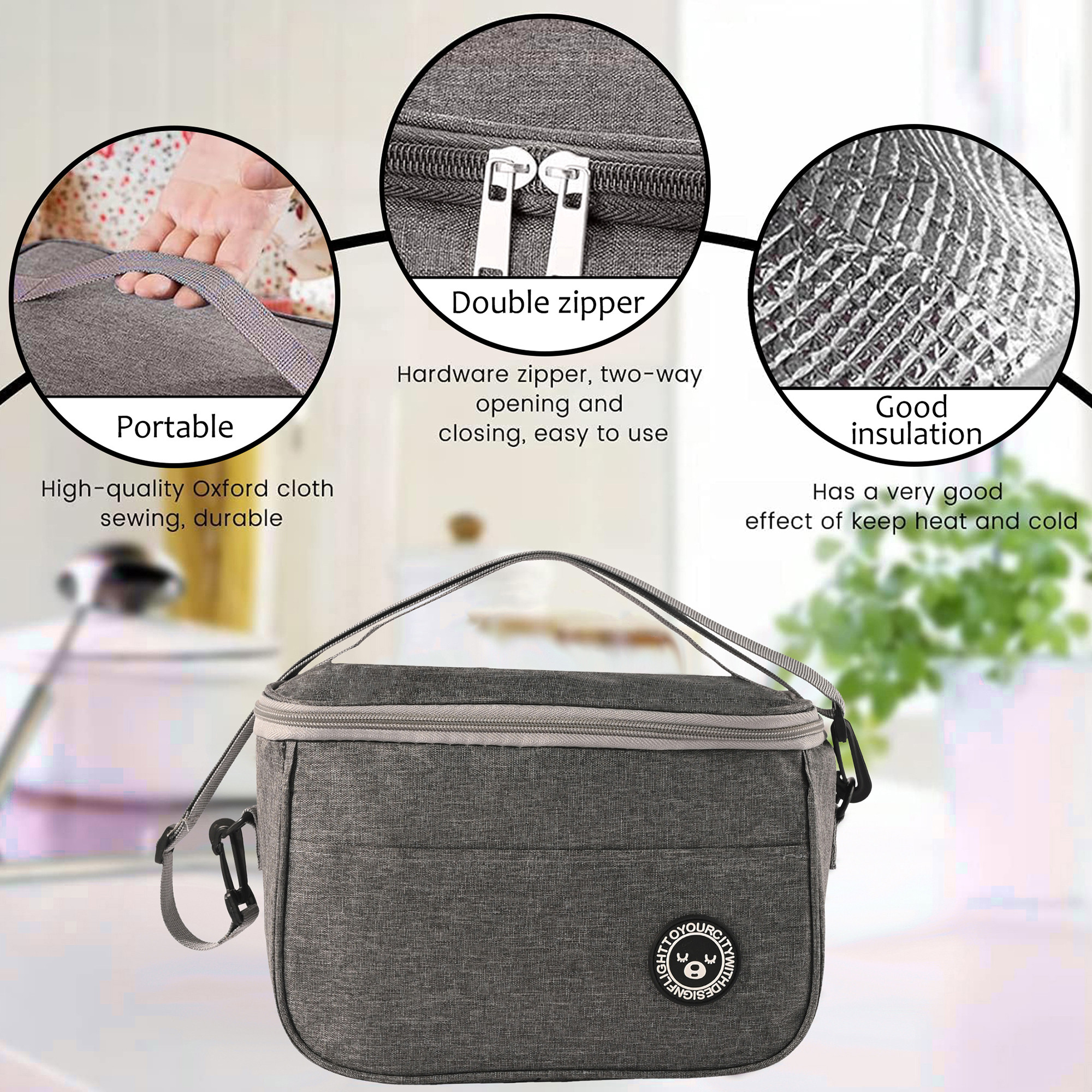 Kuber Industries Insulated Tiffin Bag for Office for Men  Women with Detachable Hook Adjustable Strap Zip  Front Pocket  Durable Lunch Box Bags for Women  YJ-9-GRY  Grey