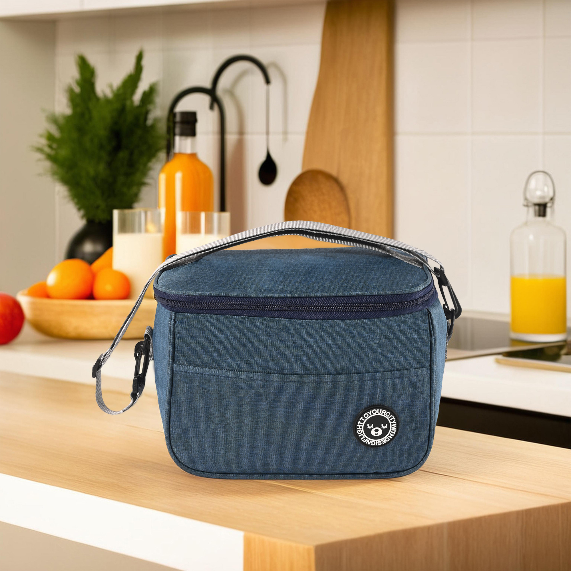 Kuber Industries Insulated Tiffin Bag for Office for Men  Women with Detachable Hook Adjustable Strap Zip  Front Pocket  Durable Lunch Box Bags for Women  YJ-9-NBLU  Navy Blue