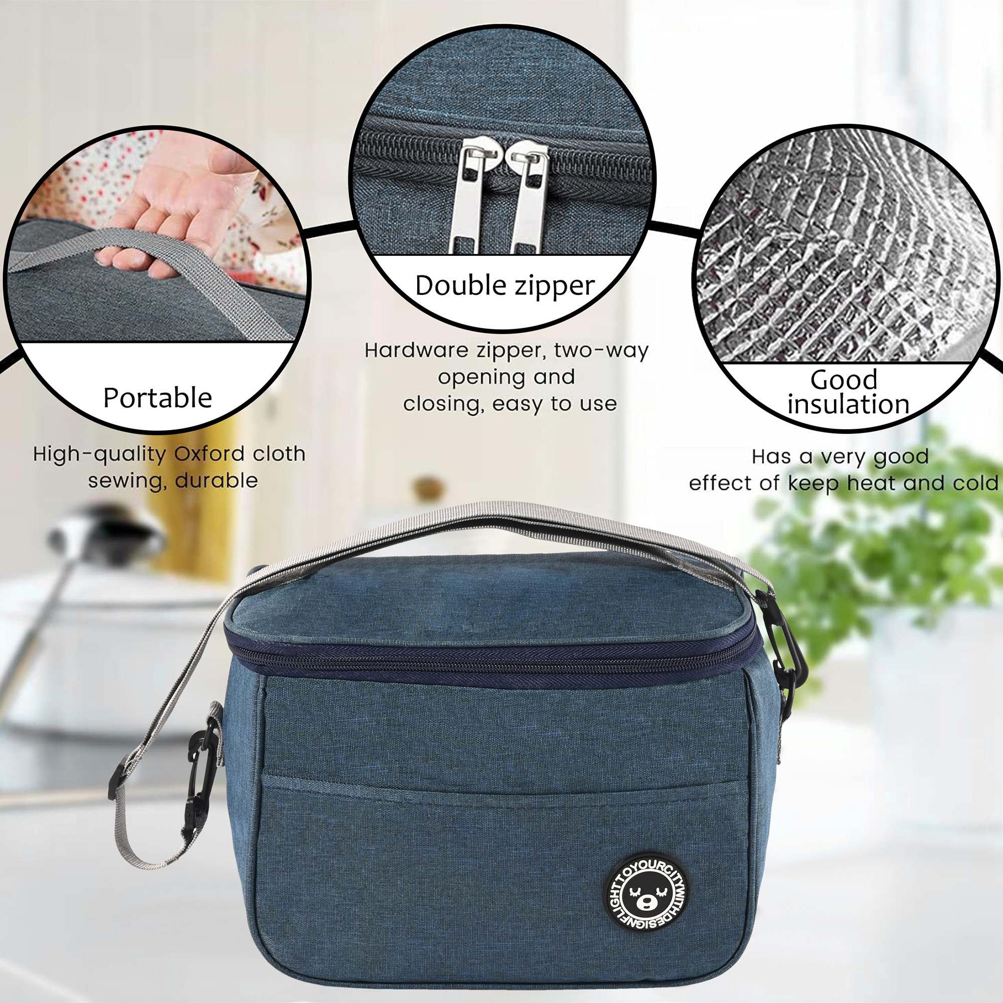 Kuber Industries Insulated Tiffin Bag for Office for Men  Women with Detachable Hook Adjustable Strap Zip  Front Pocket  Durable Lunch Box Bags for Women  YJ-9-NBLU  Navy Blue