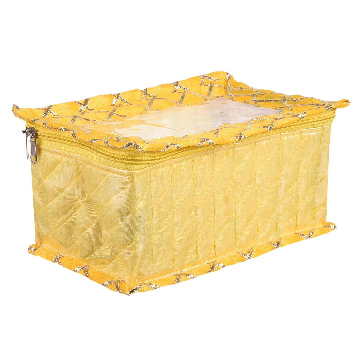Kuber Industries Jewellery Box | PVC Laminated Gota Check Design Jewellery Kit For Woman | 10 Compartment & Pouches Cosmatic Bag with Transparent Top | Yellow