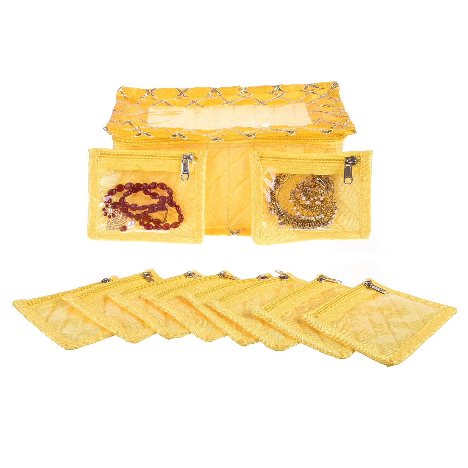 Kuber Industries Jewellery Box | PVC Laminated Gota Check Design Jewellery Kit For Woman | 10 Compartment & Pouches Cosmatic Bag with Transparent Top | Yellow