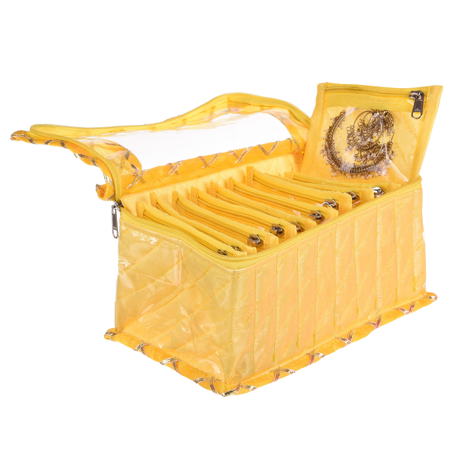 Kuber Industries Jewellery Box | PVC Laminated Gota Check Design Jewellery Kit For Woman | 10 Compartment & Pouches Cosmatic Bag with Transparent Top | Yellow