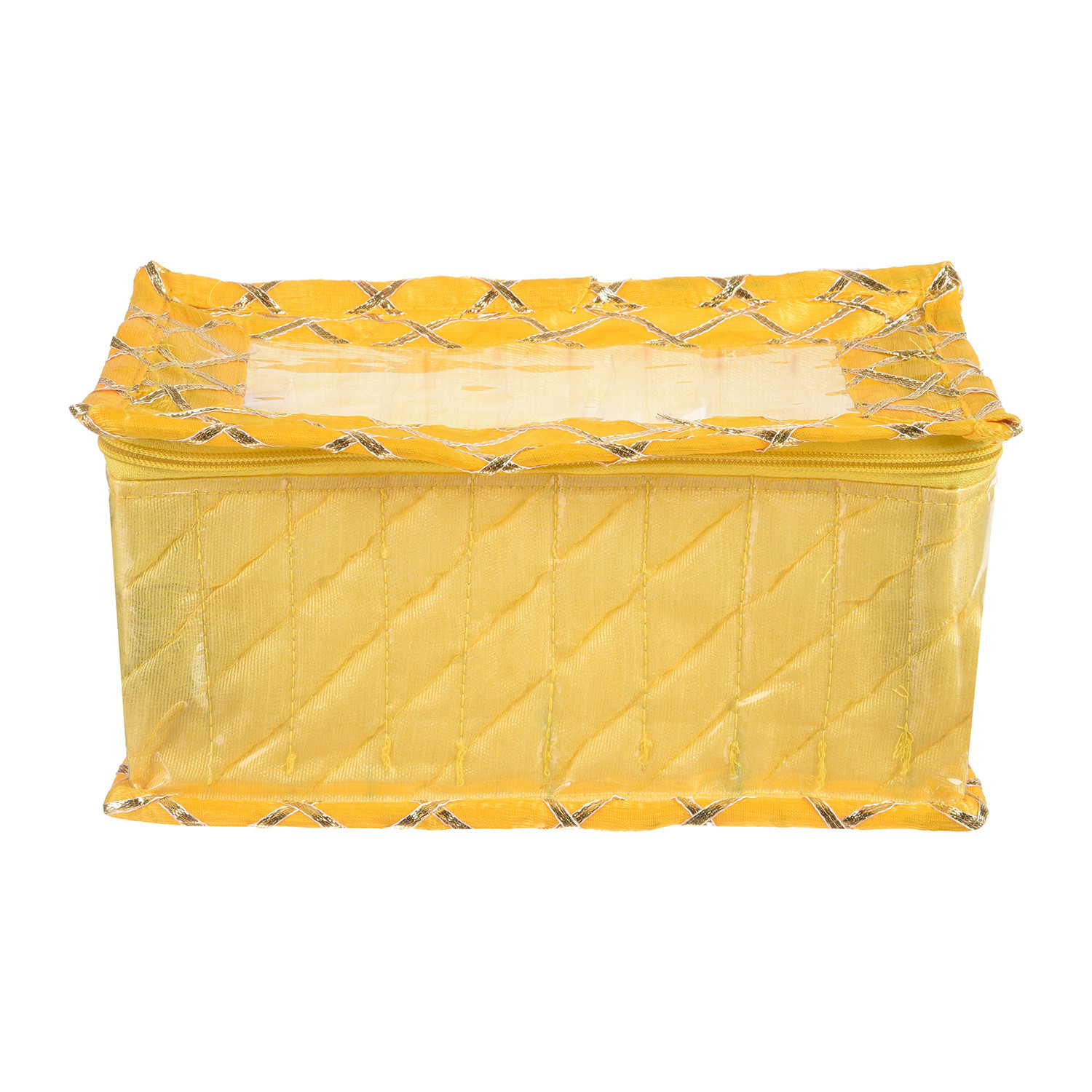 Kuber Industries Jewellery Box | PVC Laminated Gota Check Design Jewellery Kit For Woman | 10 Compartment & Pouches Cosmatic Bag with Transparent Top | Yellow