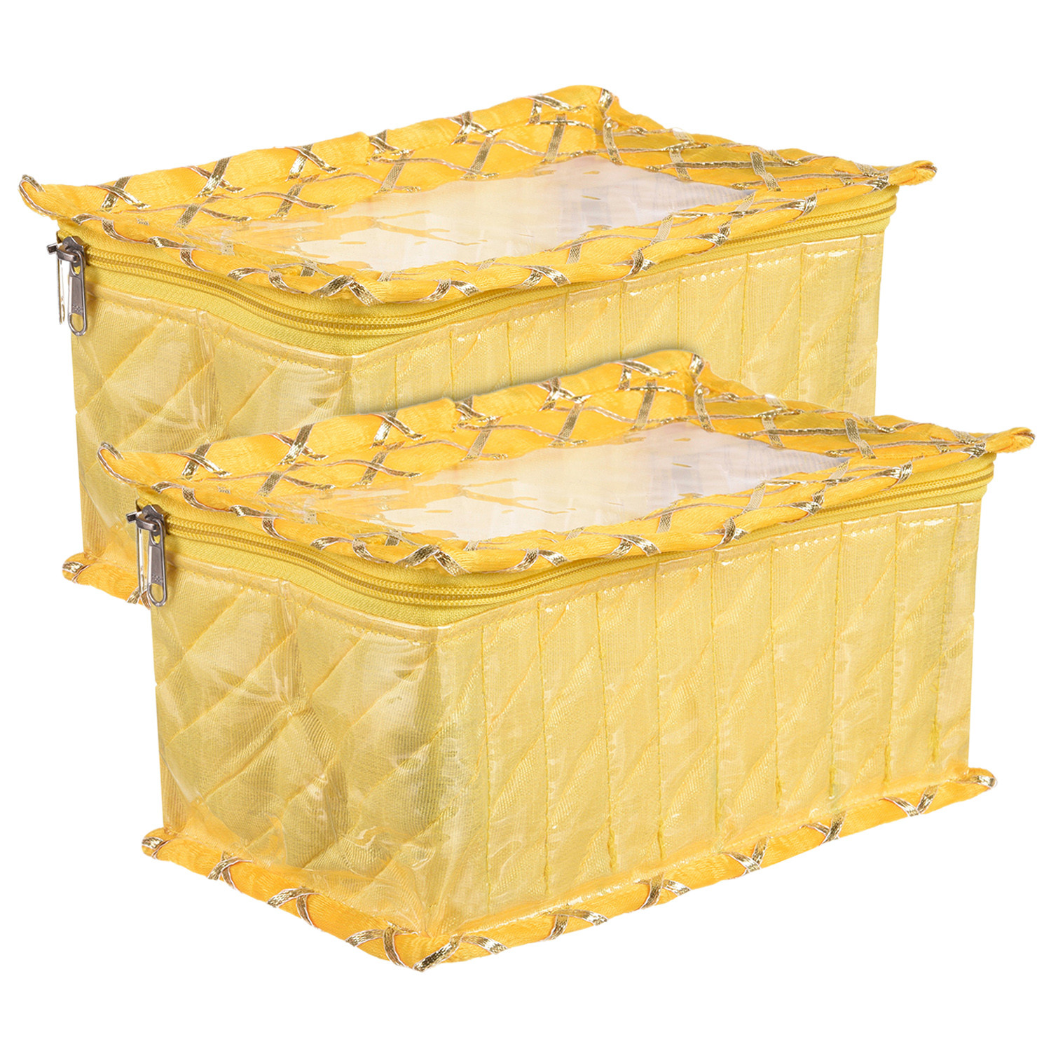 Kuber Industries Jewellery Box | PVC Laminated Gota Check Design Jewellery Kit For Woman | 10 Compartment & Pouches Cosmatic Bag with Transparent Top | Yellow
